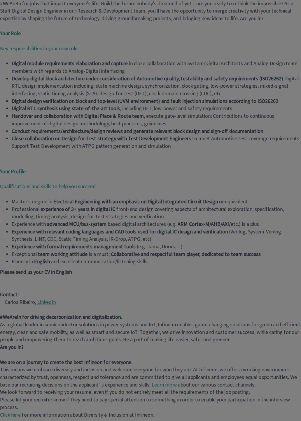 인피니언테크놀로지스코리아 Staff Digital Design Engineer (f/m/div) 채용공고