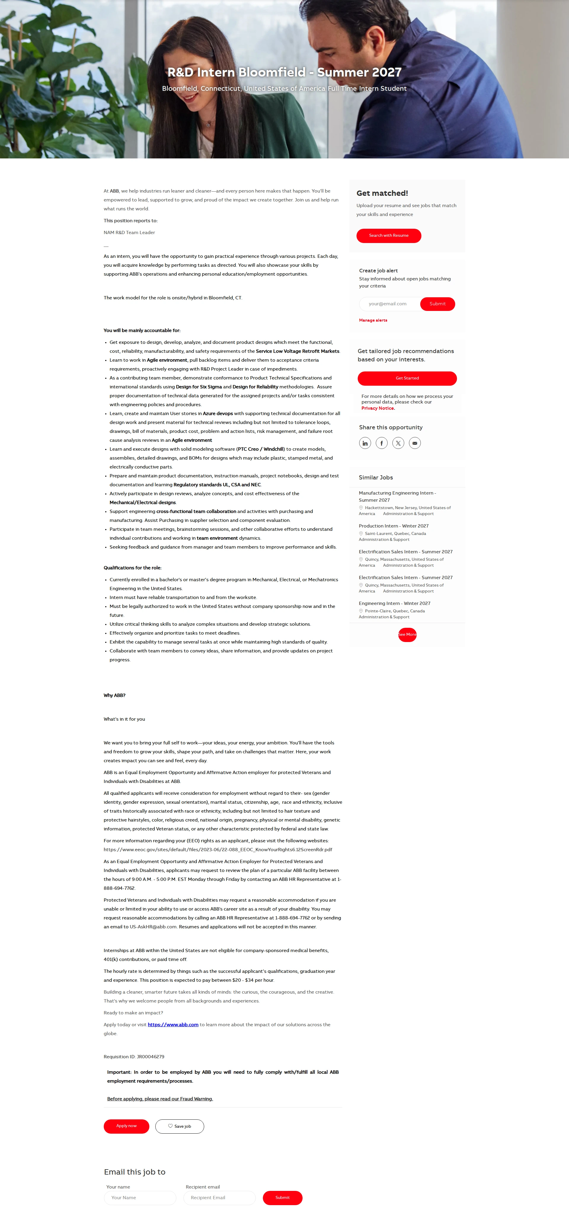ABB코리아 R&D Intern Bloomfield - Summer 2027 채용공고