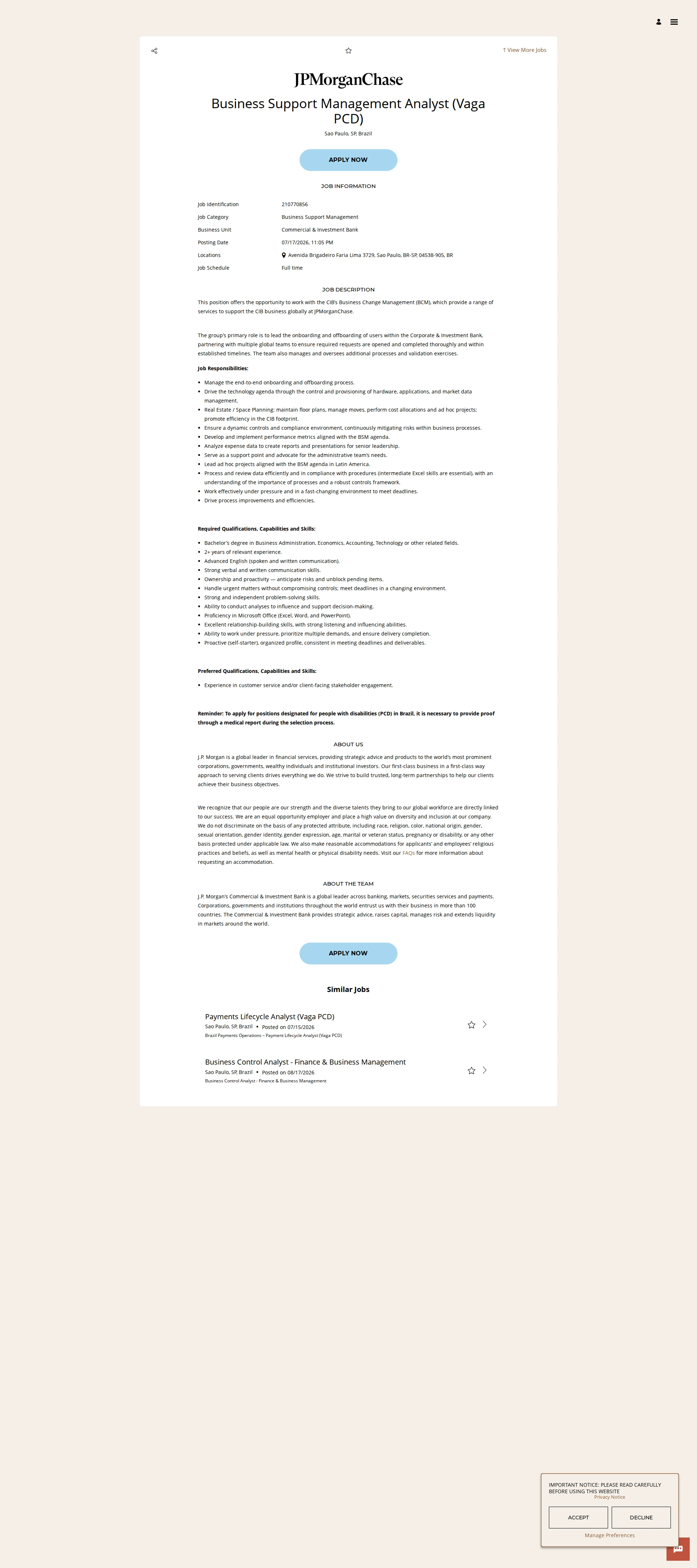 JPMorganChase Business Support Management Analyst (Vaga PCD) 채용공고