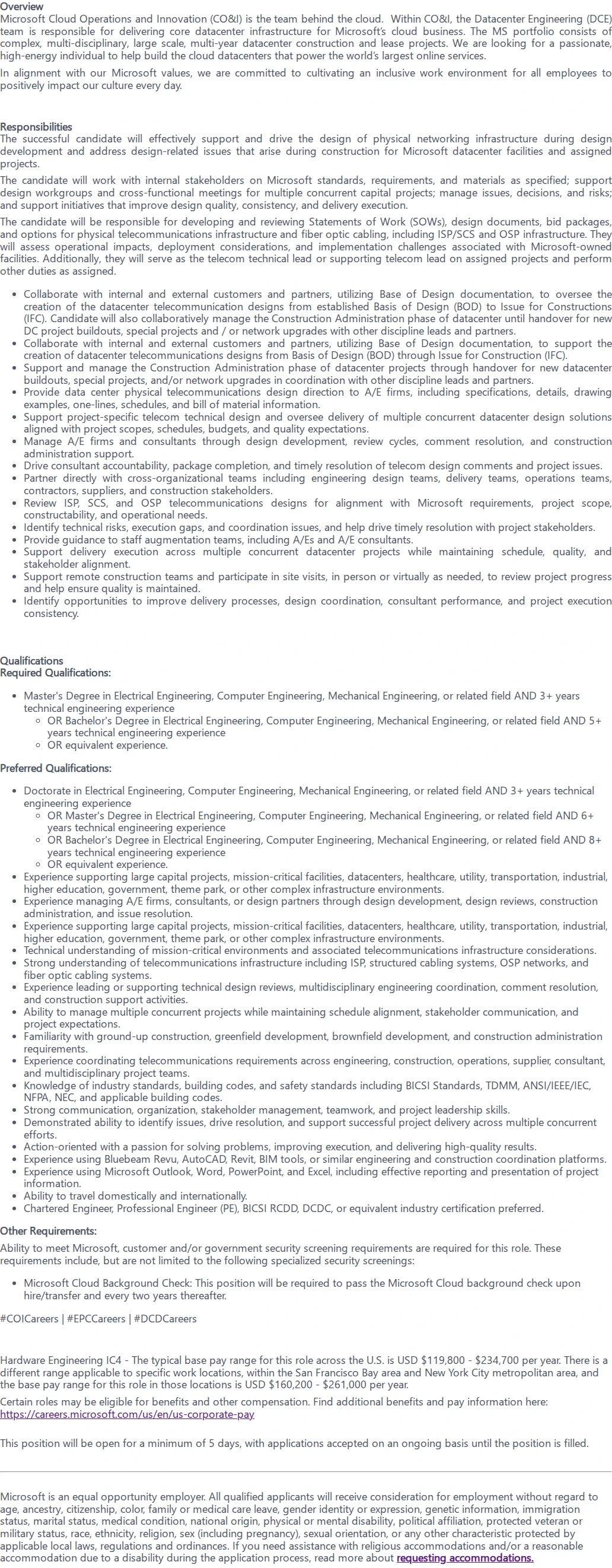 마이크로소프트(Microsoft) Datacenter Engineering Senior Telecom Engineer - AMER 채용공고