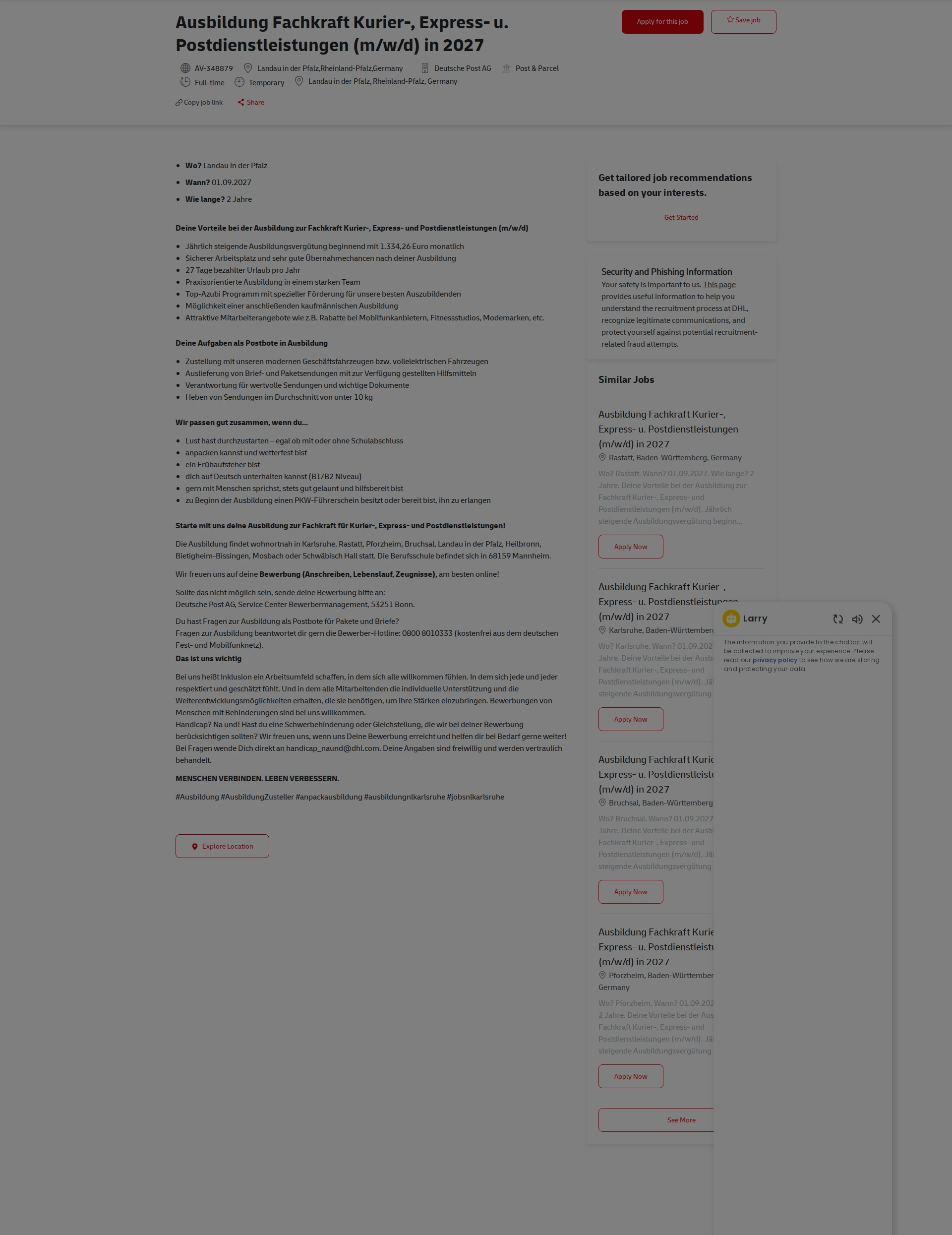 DHL Ausbildung Fachkraft Kurier-, Express- u. Postdienstleistungen (m/w/d) in 2027 채용공고