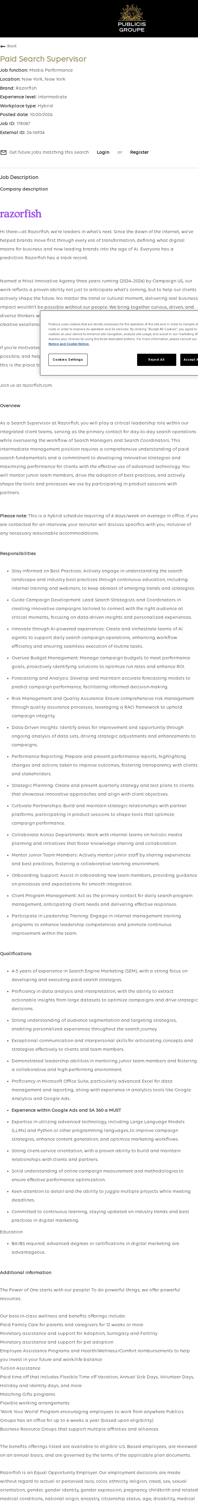 Publicis Groupe Paid Search Supervisor 채용공고