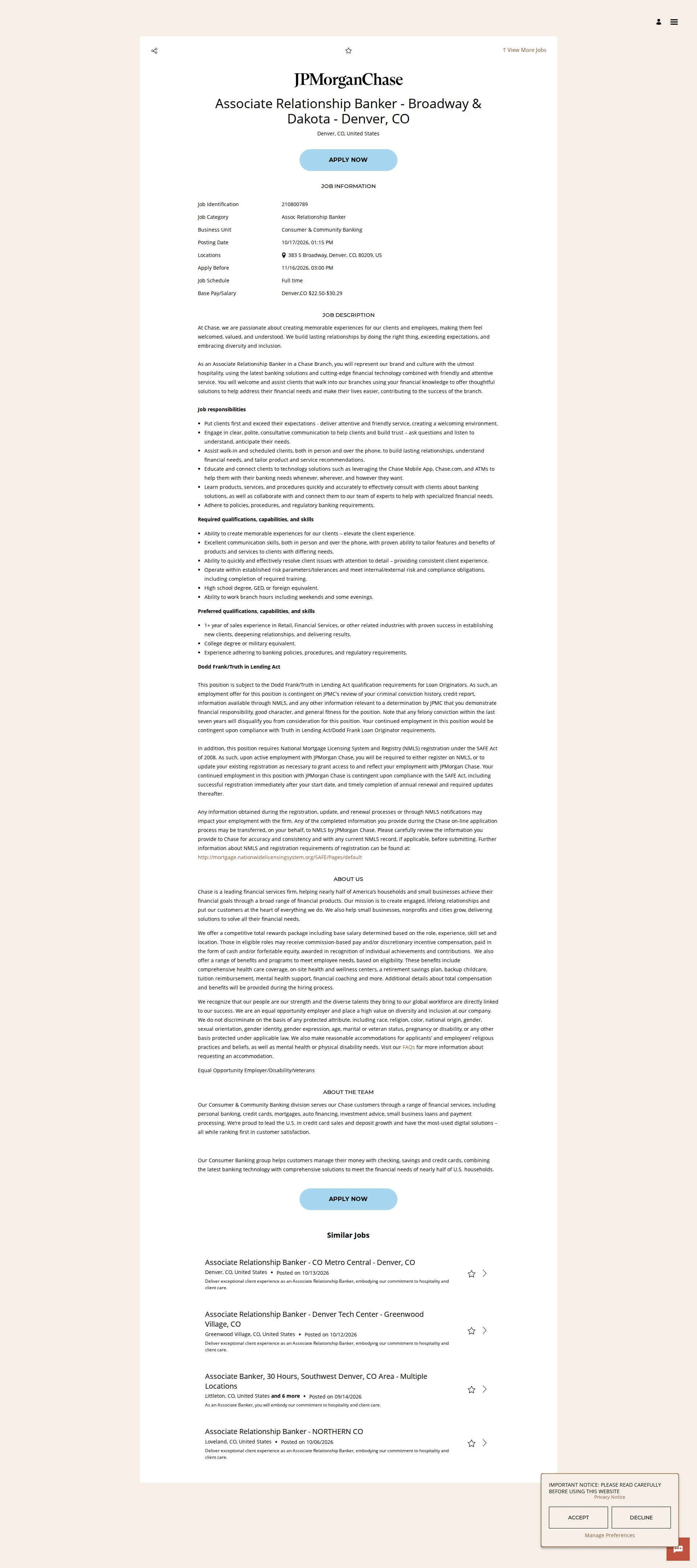 JPMorganChase Associate Relationship Banker - Broadway & Dakota - Denver, CO 채용공고