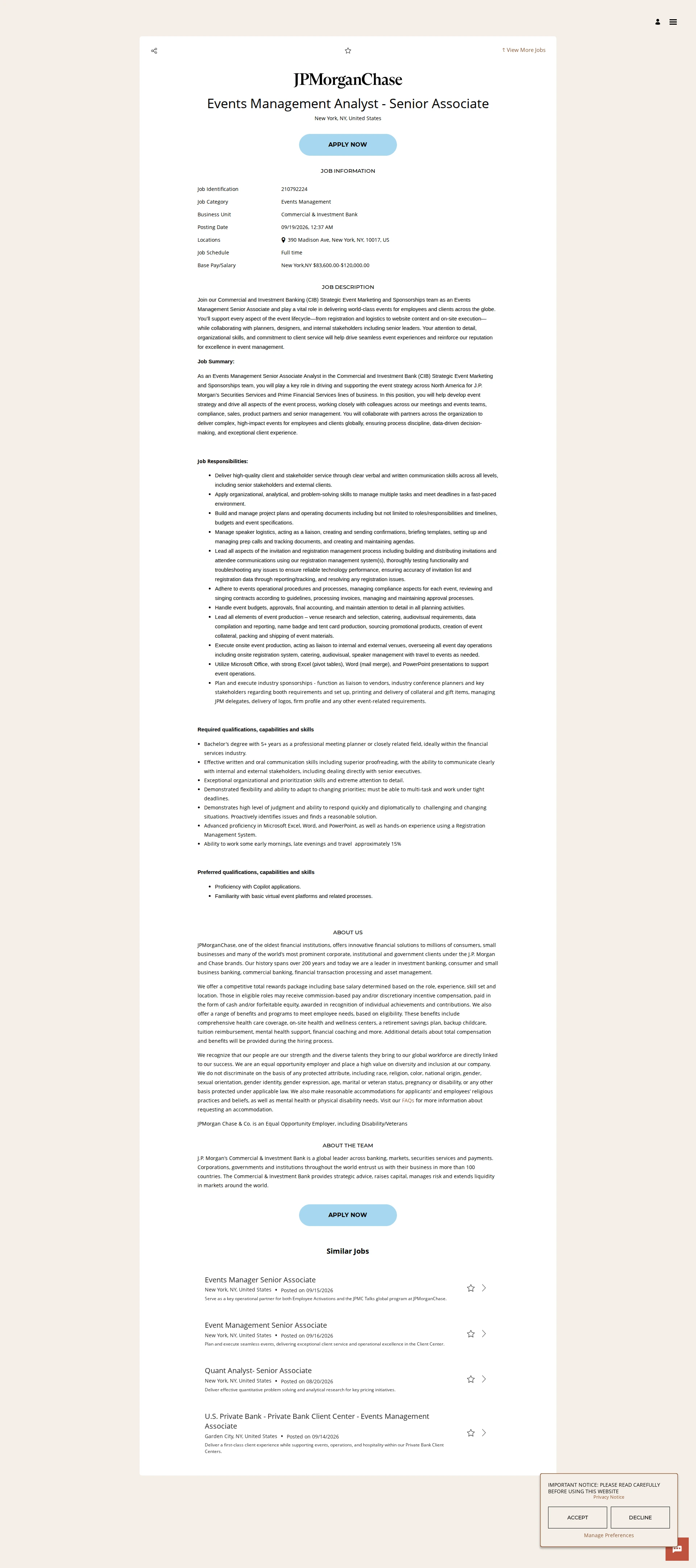 JPMorganChase Events Management Analyst - Senior Associate 채용공고