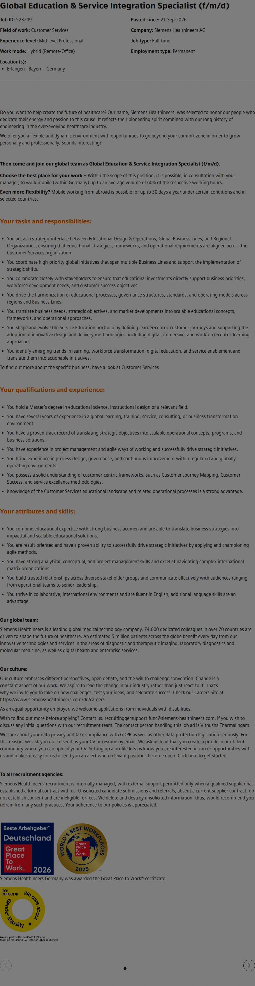 SiemensHealthineers Global Education & Service Integration Specialist (f/m/d) 채용공고