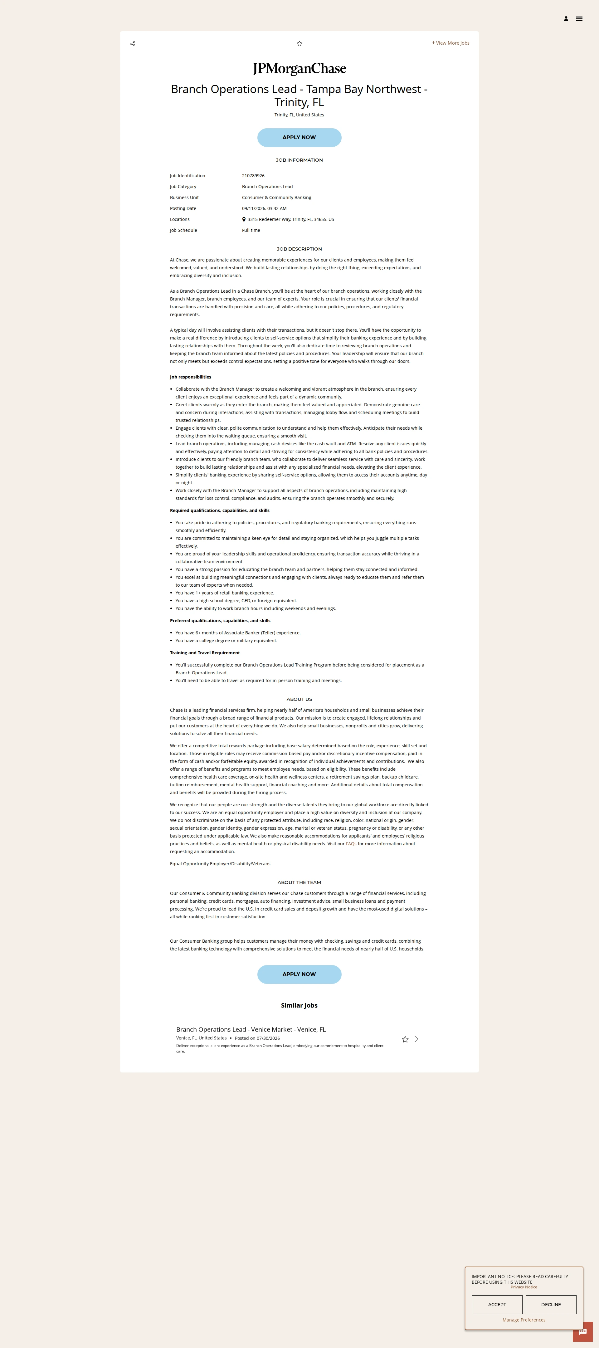 JPMorganChase Branch Operations Lead - Tampa Bay Northwest - Trinity, FL 채용공고