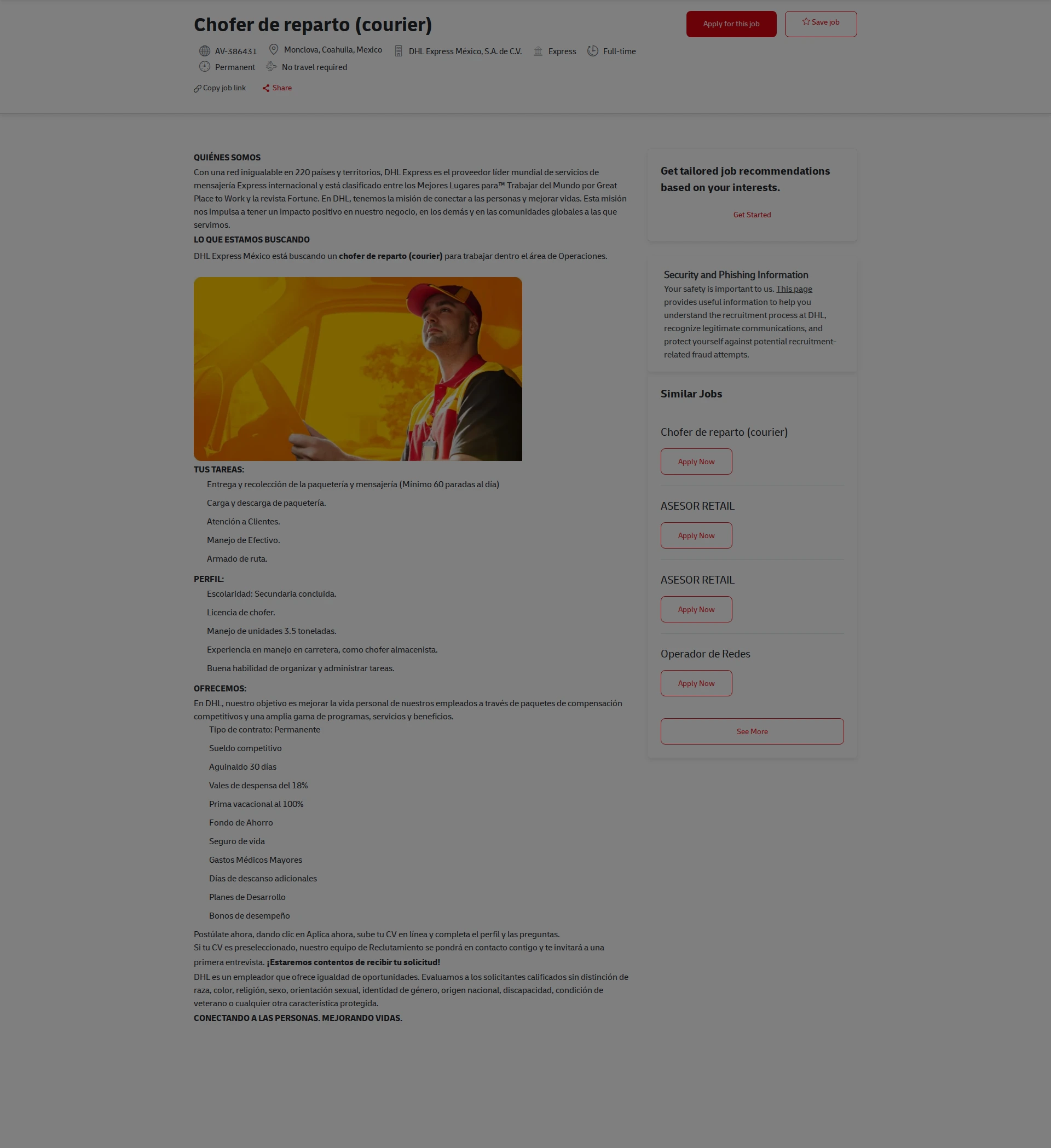 DHL Chofer de reparto (courier) 채용공고