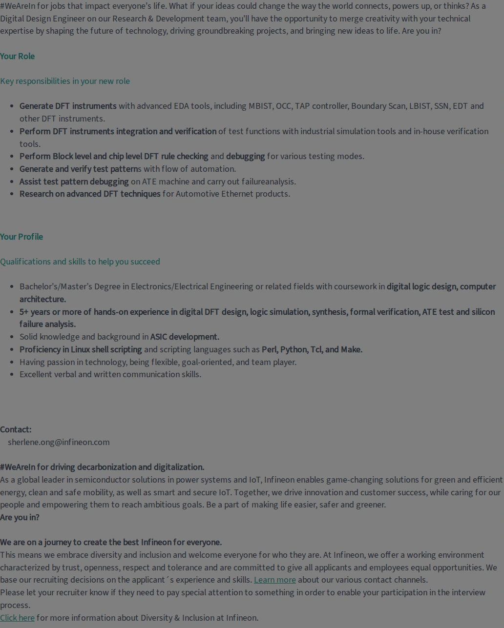 인피니언테크놀로지스코리아 Staff / Senior Staff Engineer - Digital Design 채용공고