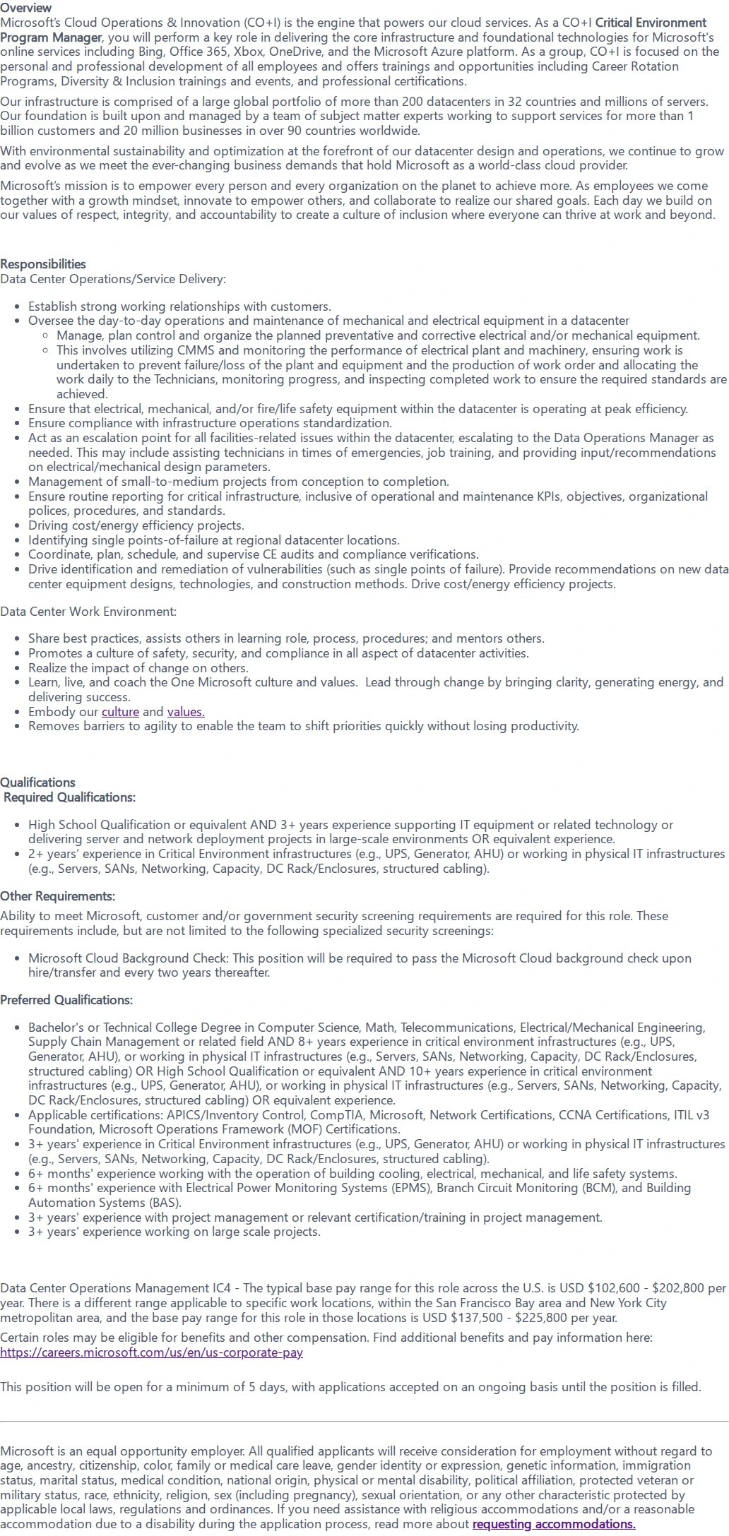 마이크로소프트(Microsoft) Critical Environment Program Manager 채용공고