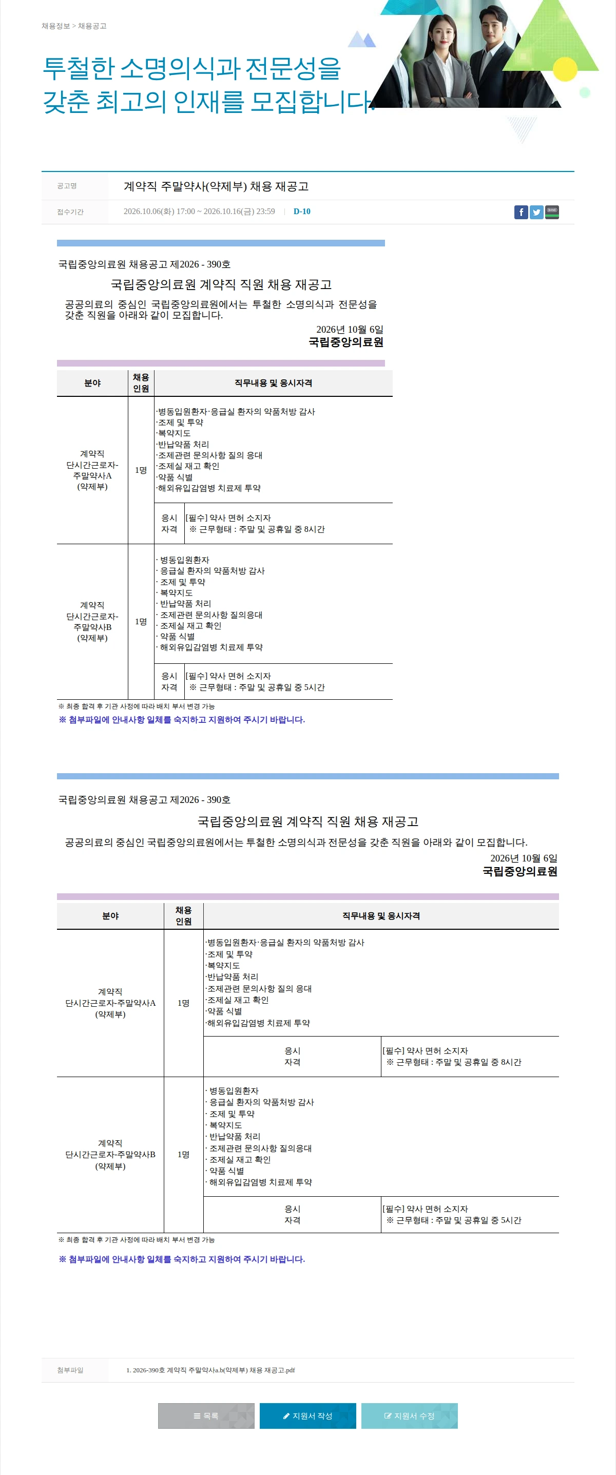 국립중앙의료원 계약직 주말약사(약제부) 채용 재공고 채용공고