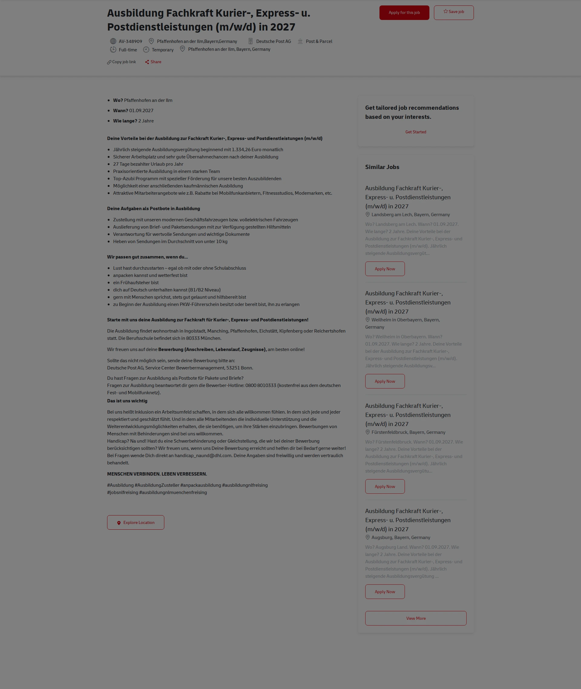 DHL Ausbildung Fachkraft Kurier-, Express- u. Postdienstleistungen (m/w/d) in 2027 채용공고
