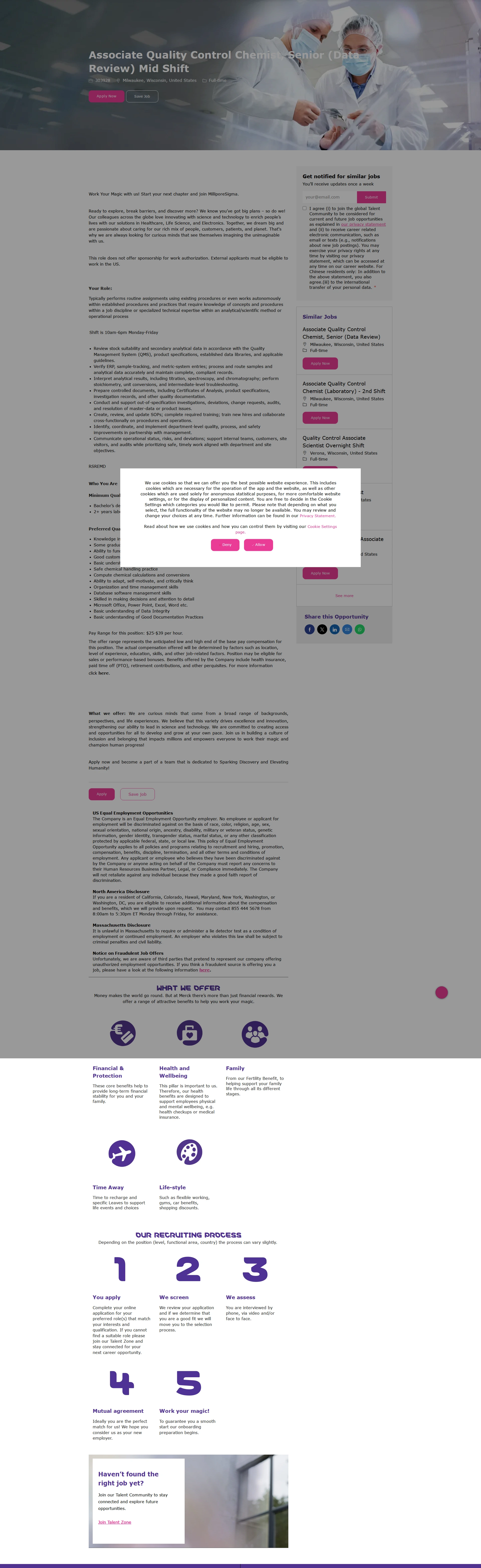 머크 Associate Quality Control Chemist, Senior (Data Review) Mid Shift 채용공고