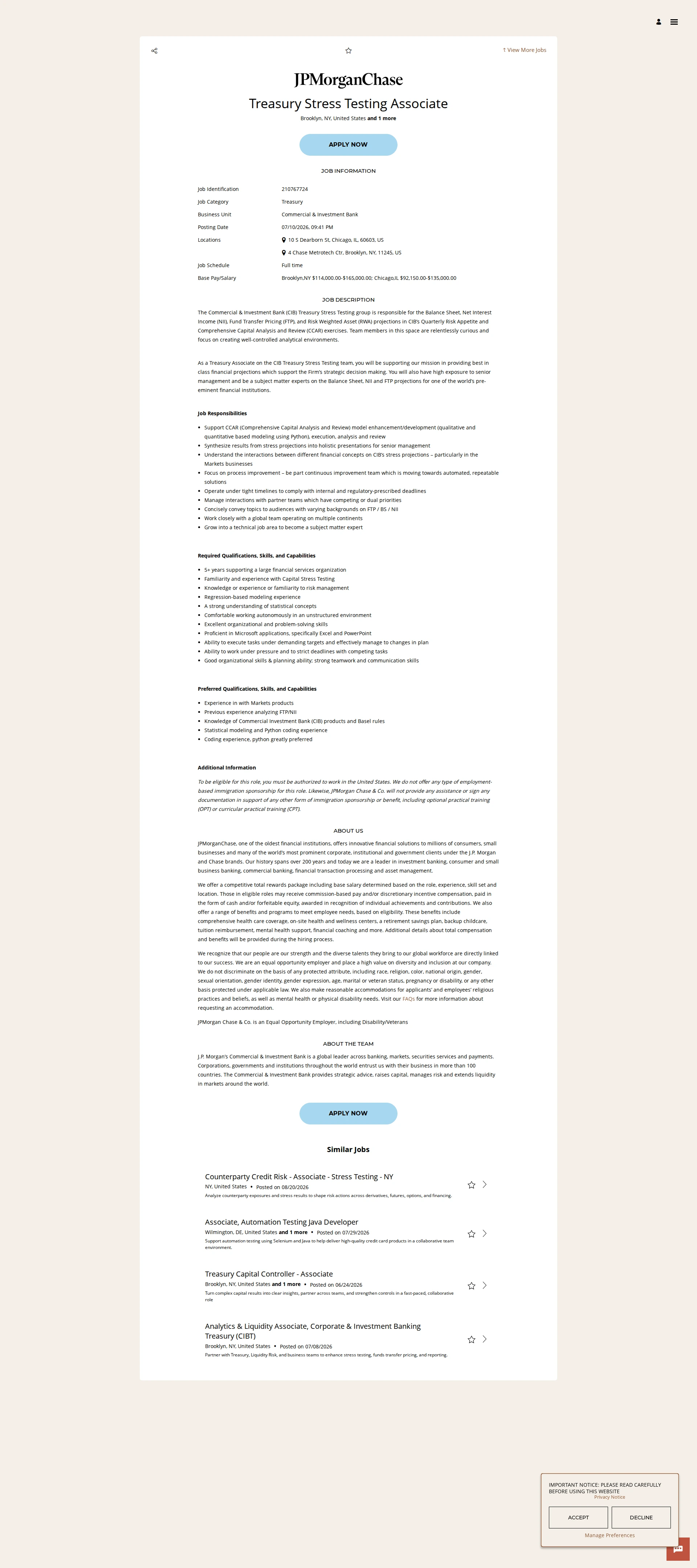JPMorganChase Treasury Stress Testing Associate 채용공고