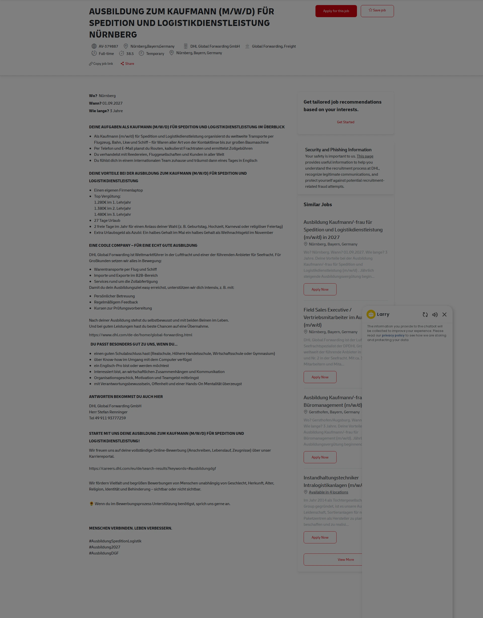 DHL AUSBILDUNG ZUM KAUFMANN (M/W/D) FÜR SPEDITION UND LOGISTIKDIENSTLEISTUNG NÜRNBERG 채용공고