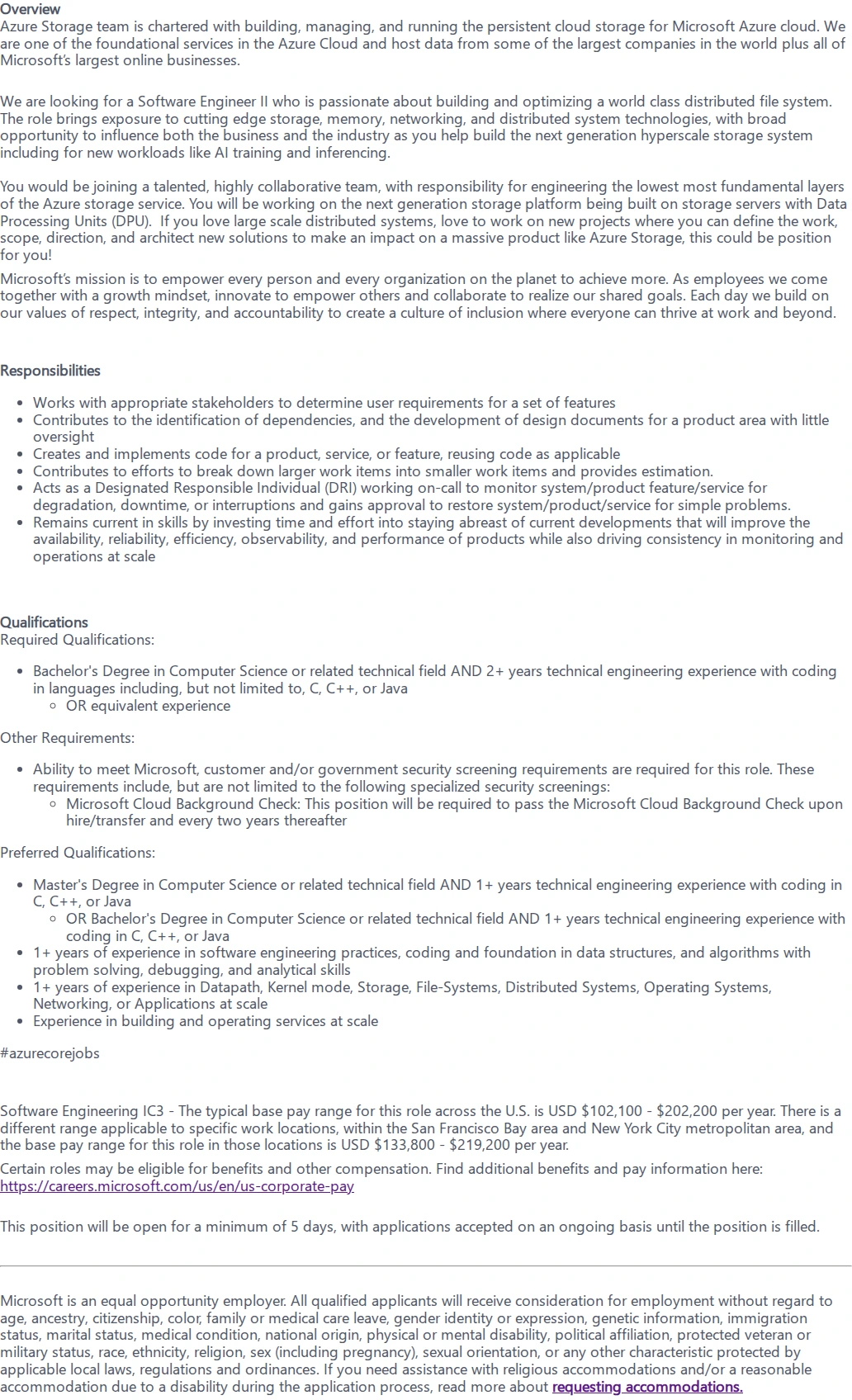 마이크로소프트(Microsoft) Software Engineer-II - Azure Core Storage 채용공고