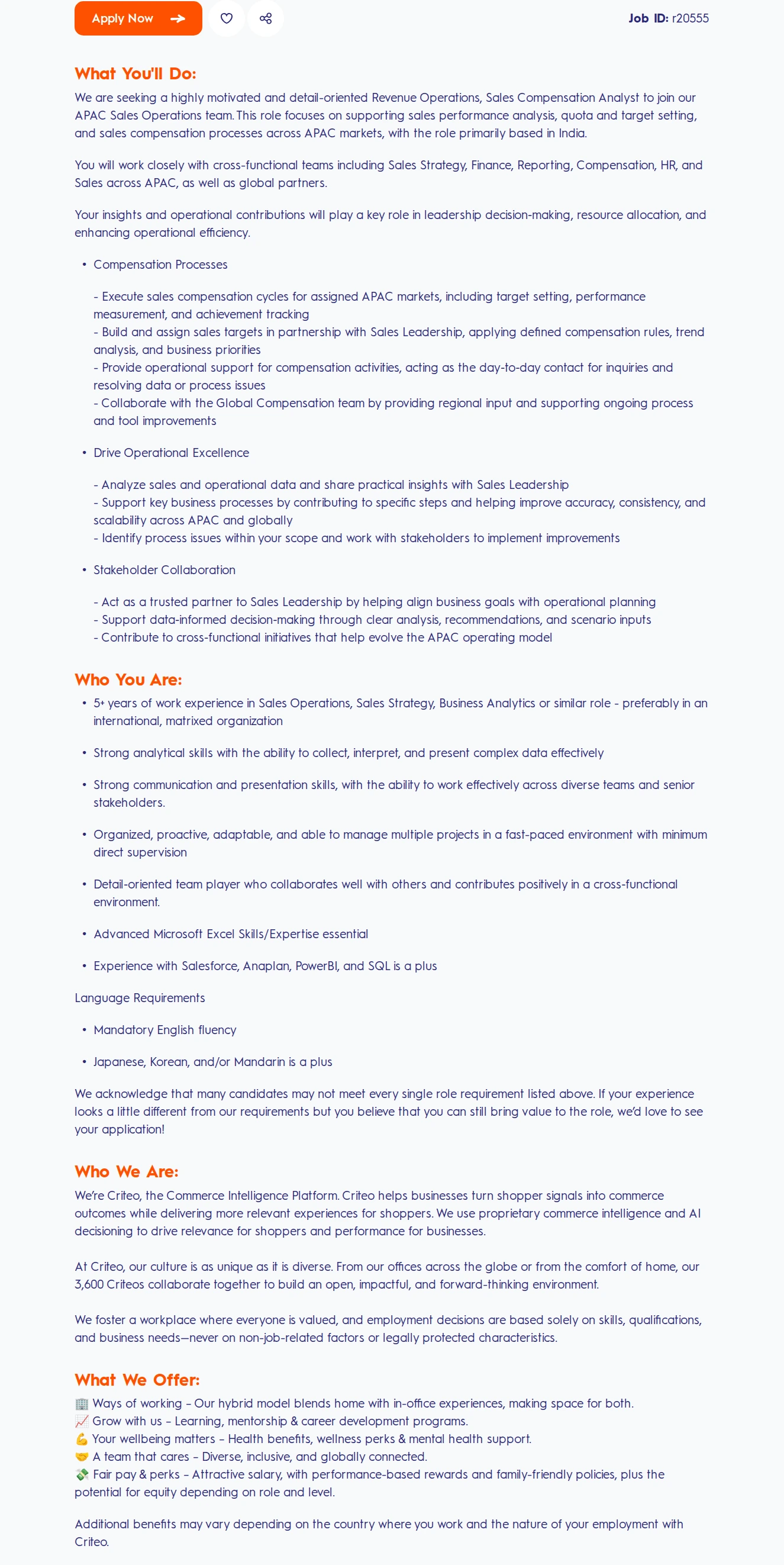크리테오 Revenue Operations, Sales Compensation Analyst 채용공고