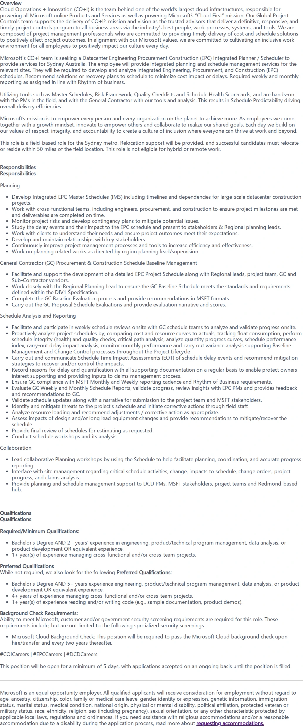 마이크로소프트(Microsoft) Sydney Metro Planning Lead 채용공고