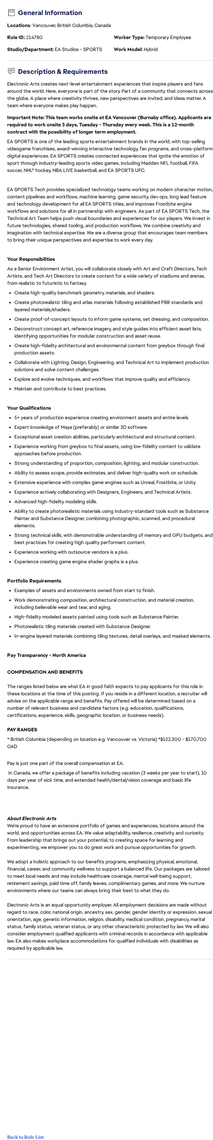 ElectronicArts Senior Environment Technical Artist - EA SPORTS Technology 채용공고