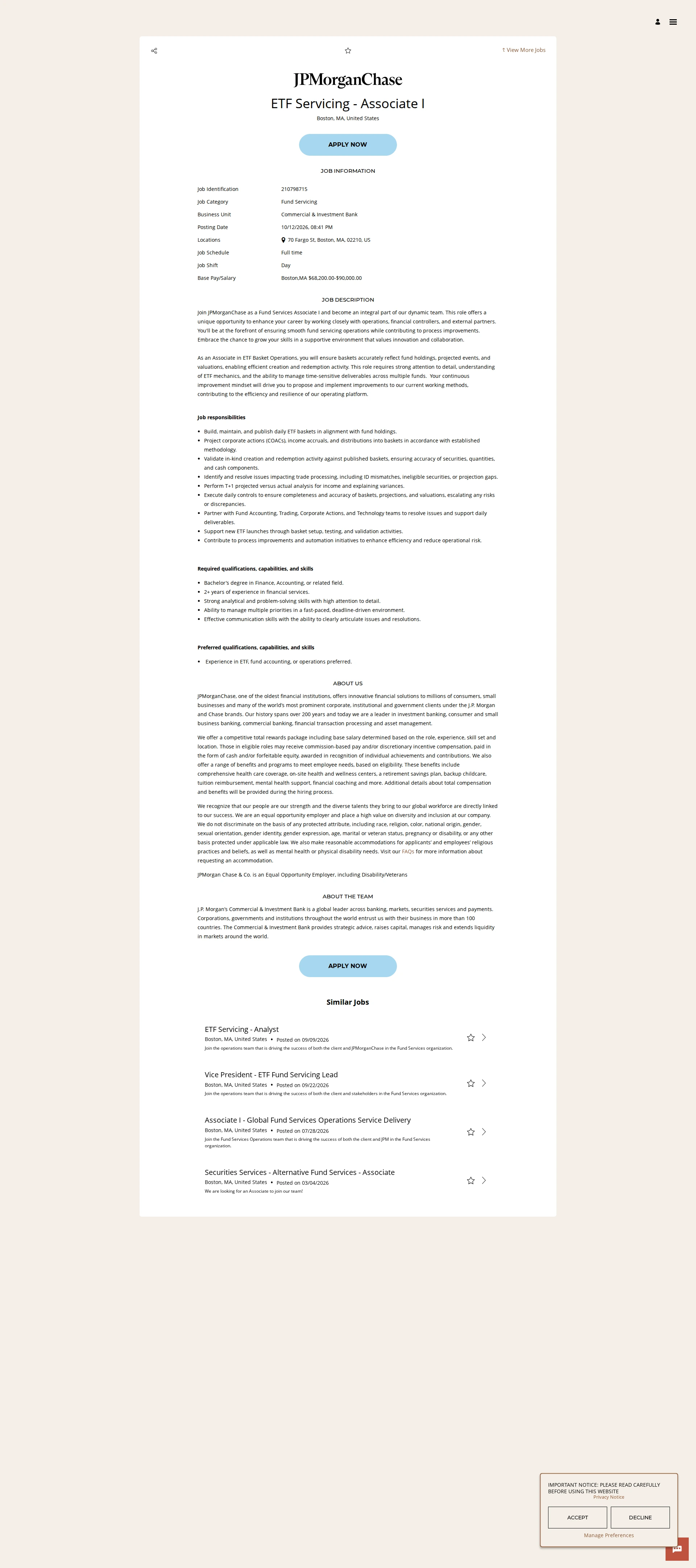 JPMorganChase ETF Servicing - Associate I 채용공고