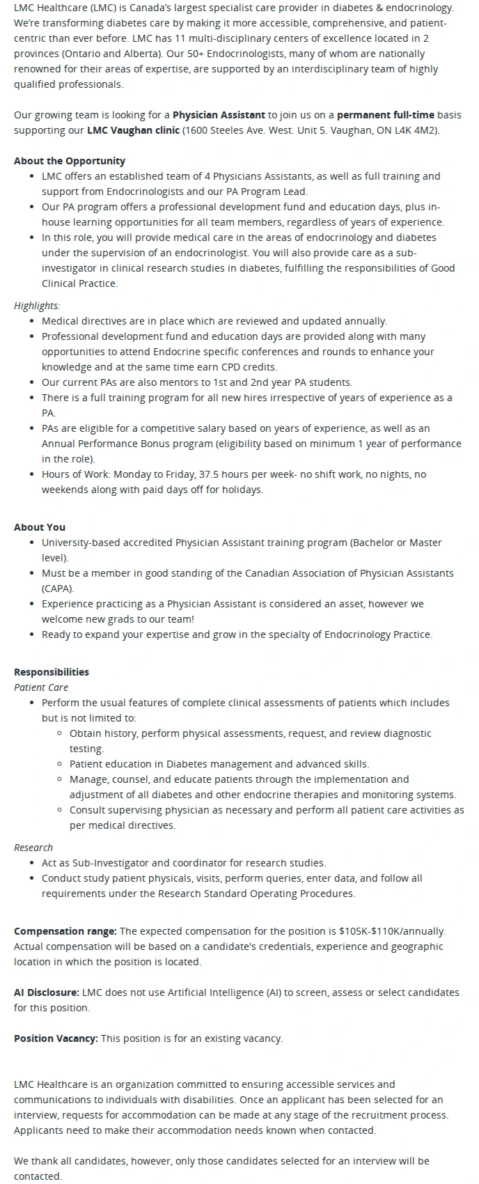 LMC Healthcare Physician Assistant 채용공고
