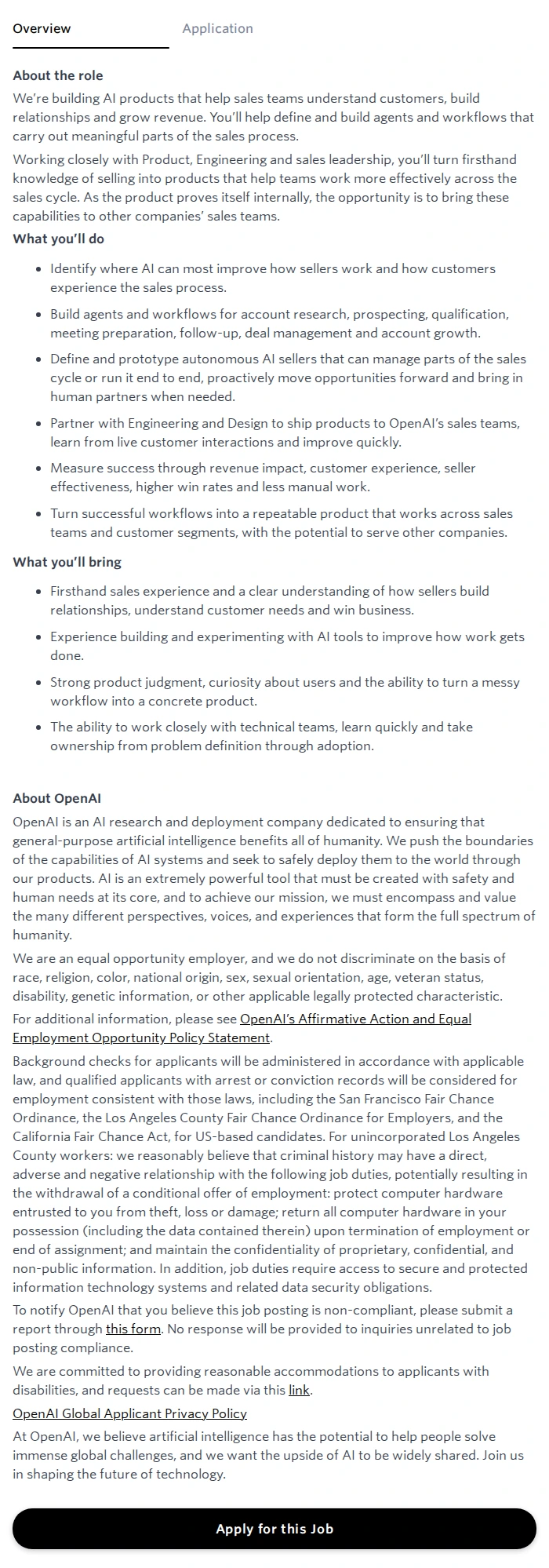 오픈에이아이(OpenAI) Product Builder, Sales 채용공고