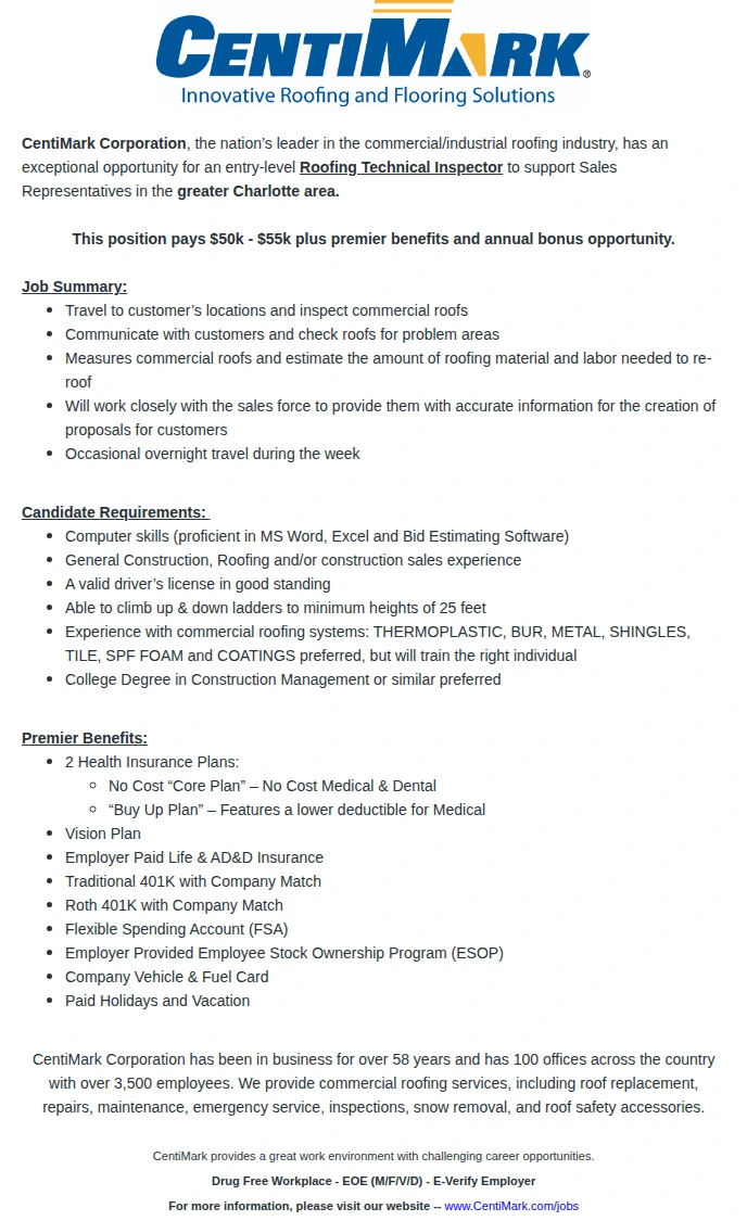 CentiMark Corporation Roofing Technical Inspector 채용공고