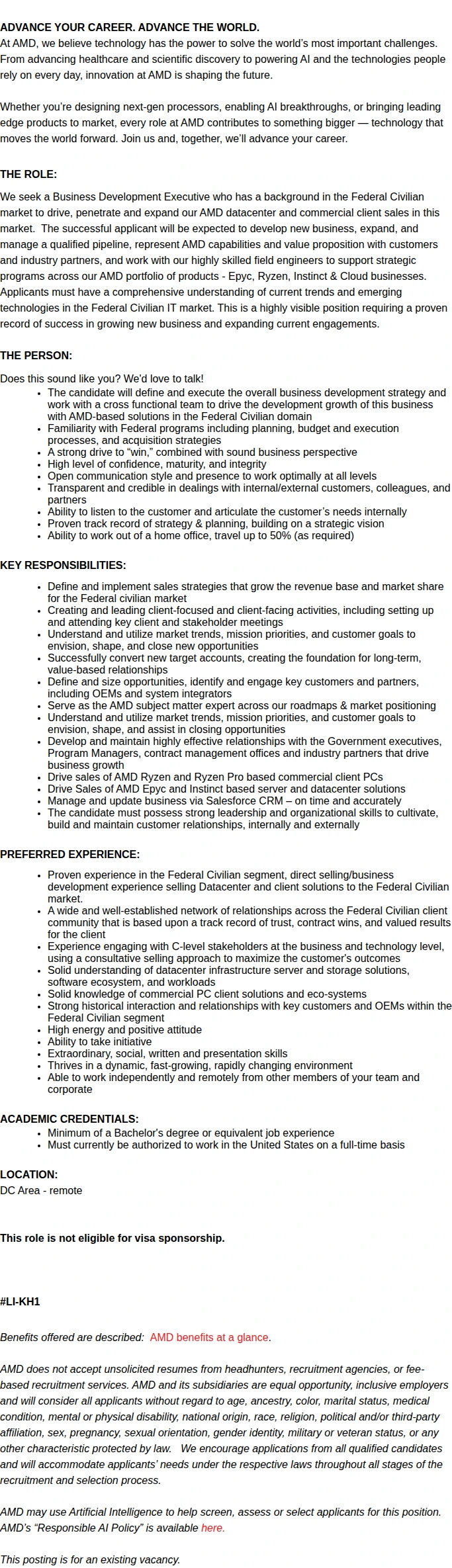 AMD Business Development Executive, Federal Civilian 채용공고
