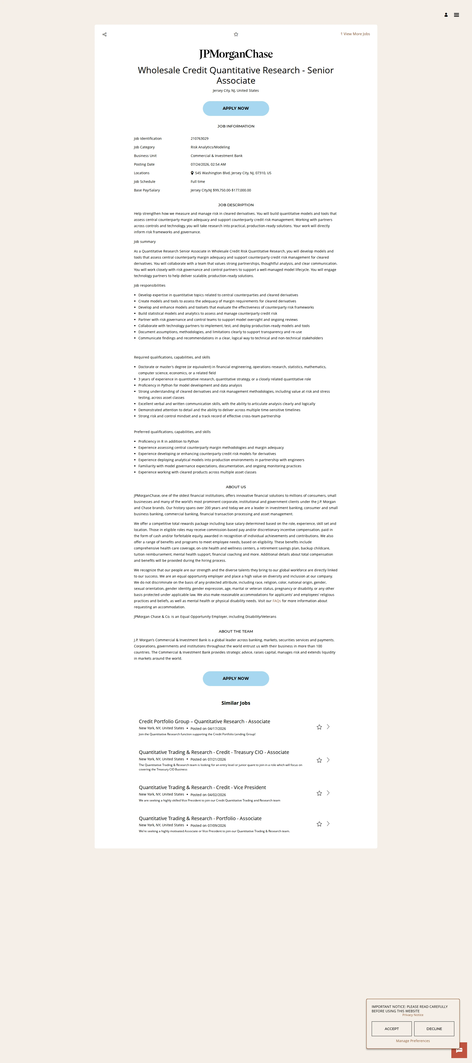 JPMorganChase Wholesale Credit Quantitative Research - Senior Associate 채용공고