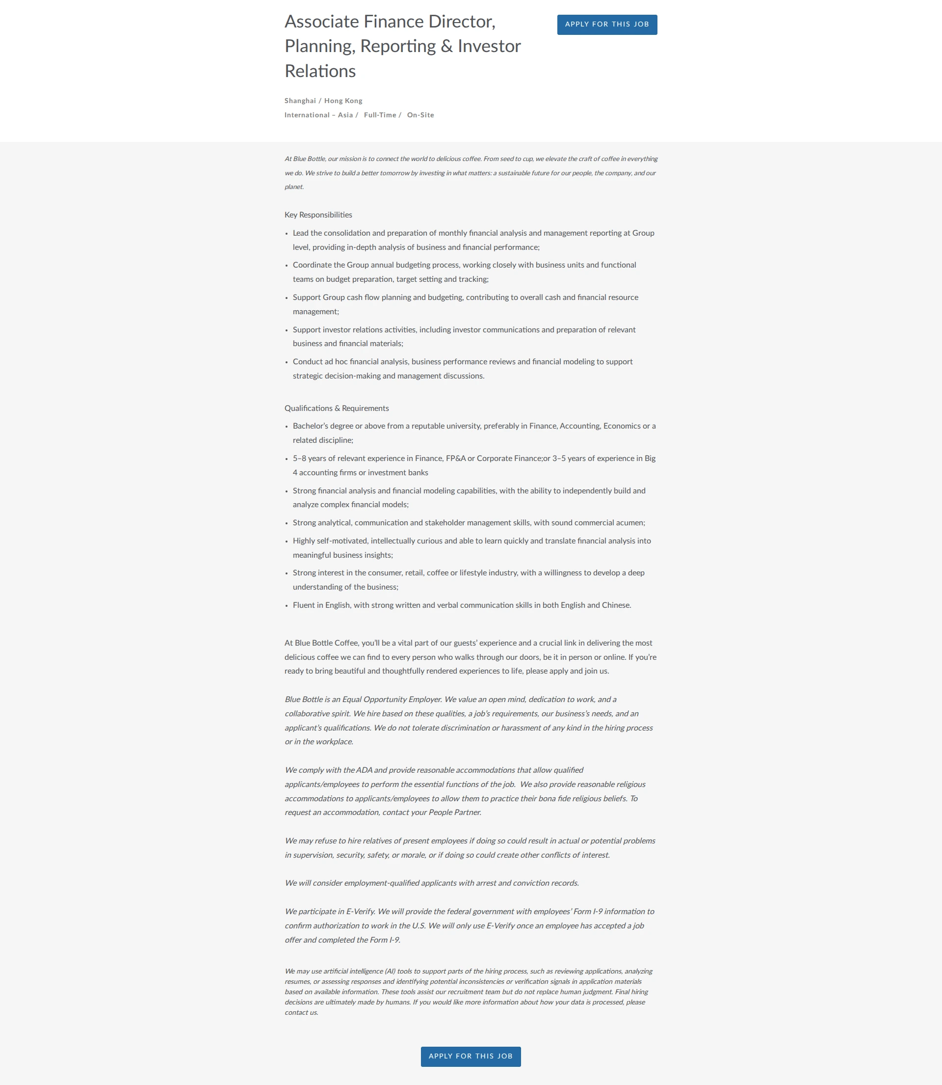 블루보틀 Associate Finance Director, Planning, Reporting & Investor Relations 채용공고