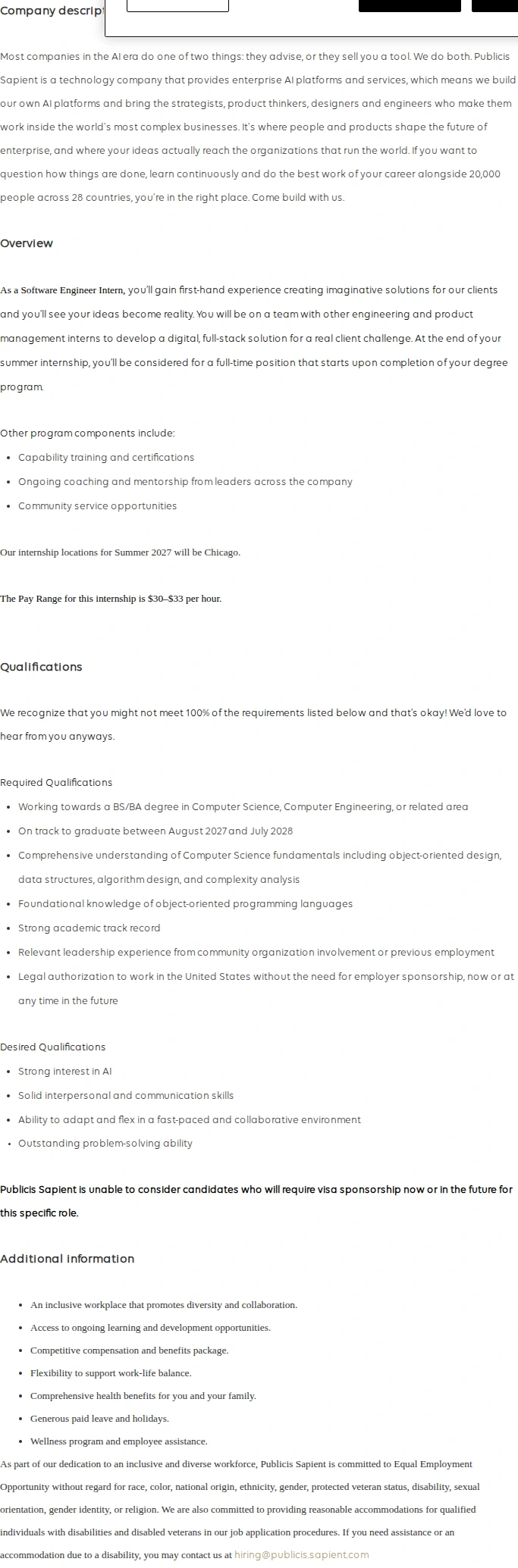 Publicis Groupe Software Engineer Intern (Class of 2028) 채용공고