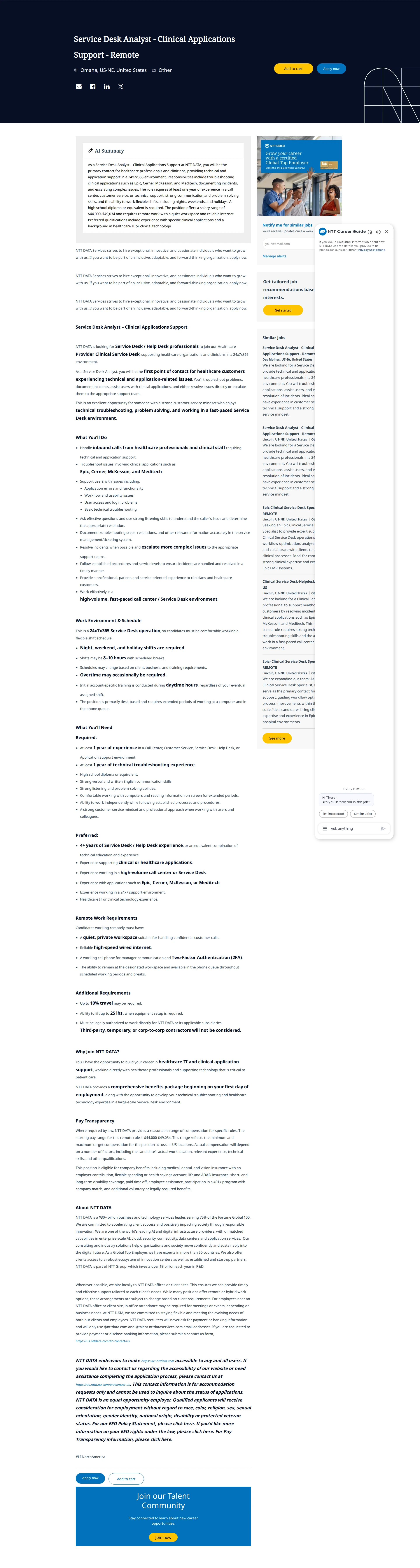 NTT데이터 Service Desk Analyst - Clinical Applications Support - Remote 채용공고