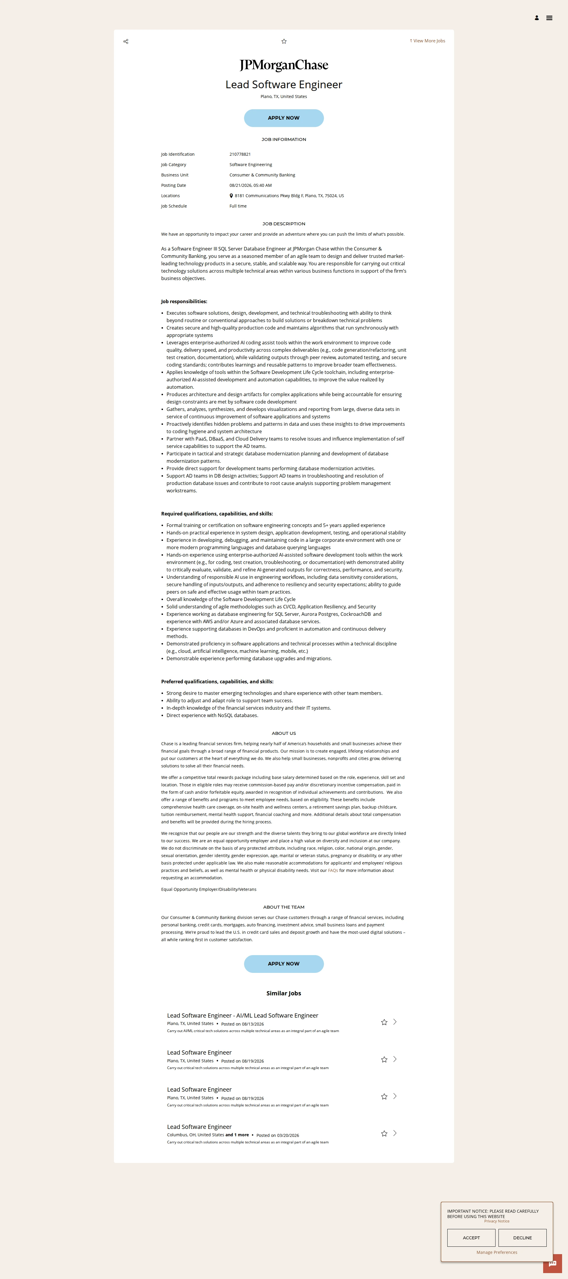 JPMorganChase Lead Software Engineer 채용공고