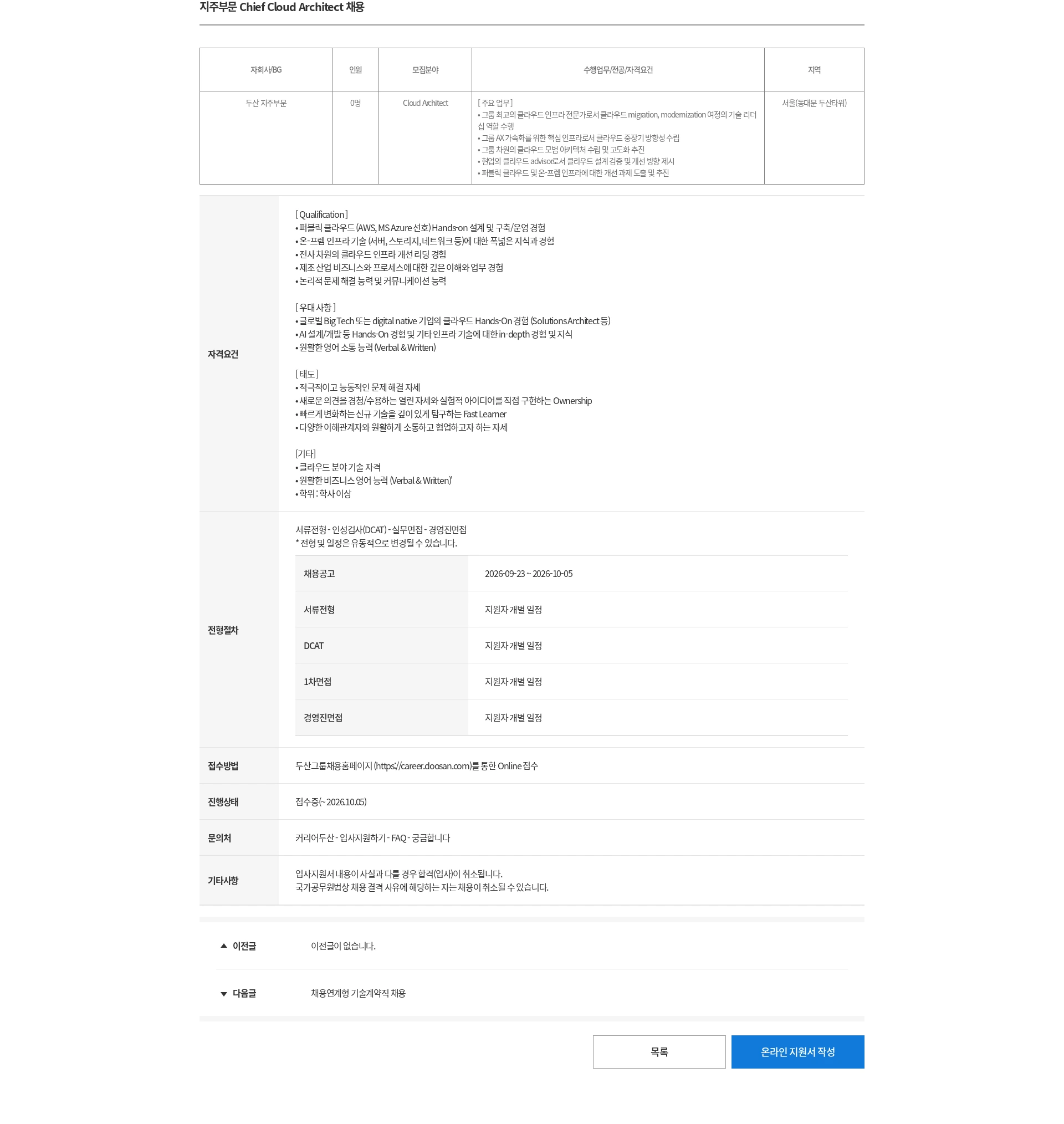 두산 지주부문 Chief Cloud Architect 채용 채용공고