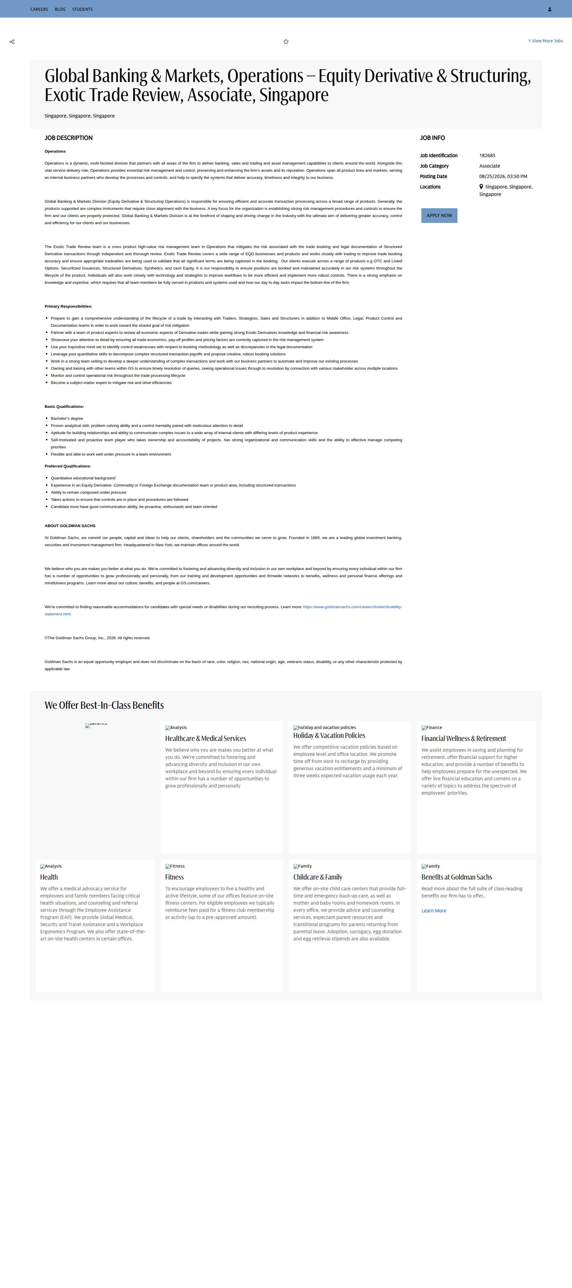 골드만삭스 Global Banking & Markets, Operations – Equity Derivative & Structuring, Exotic Trade Review, Associate, Singapore 채용공고