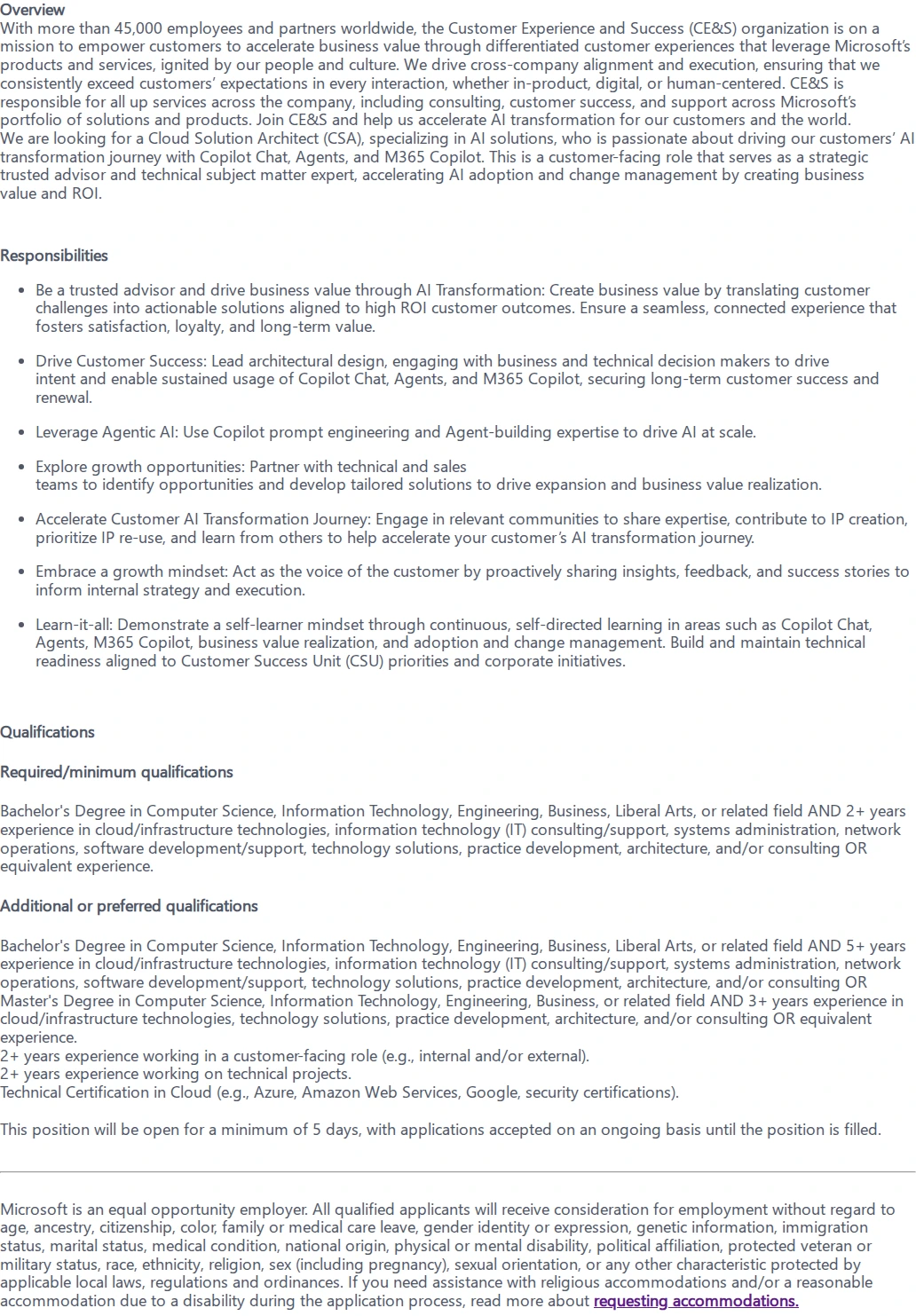마이크로소프트(Microsoft) Cloud Solution Architect- AI Business Solutions-Copilot 채용공고