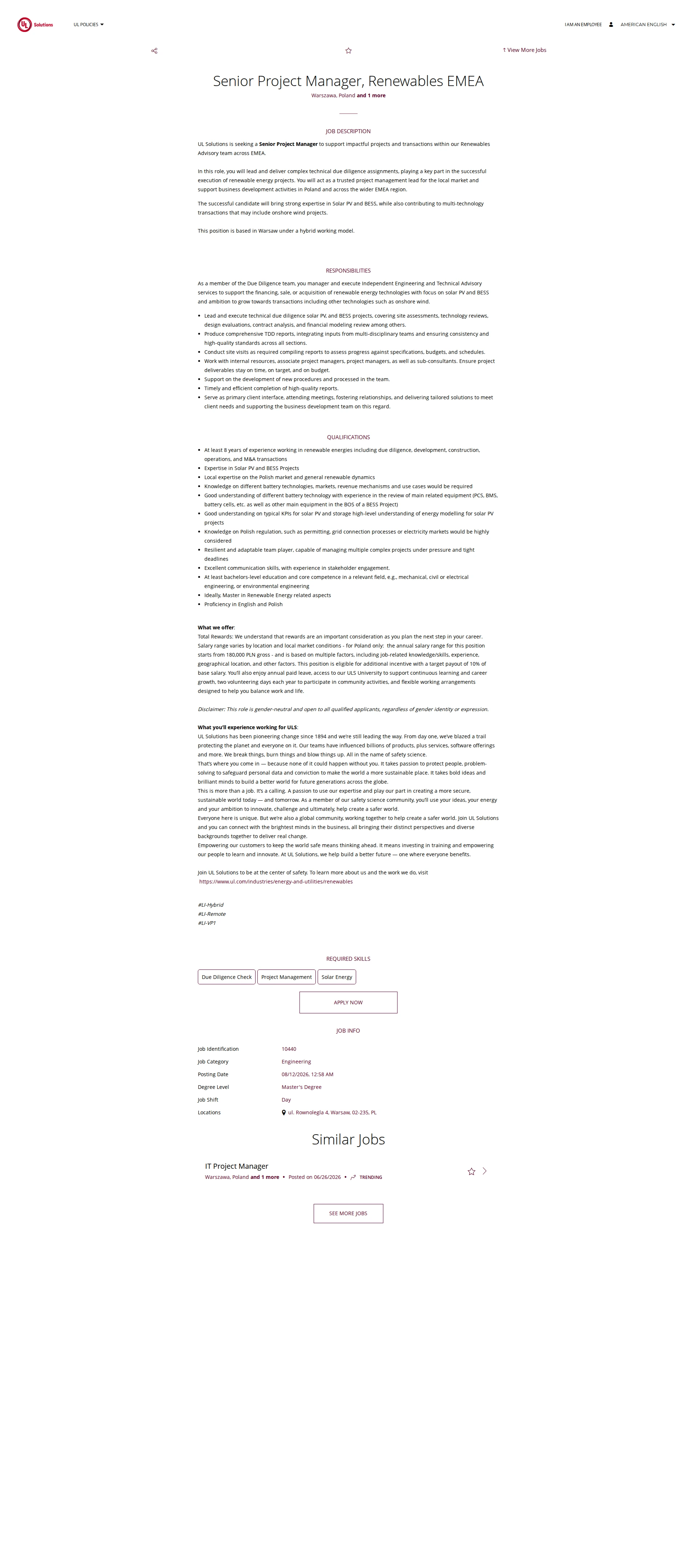 UL Solutions Senior Project Manager, Renewables EMEA 채용공고