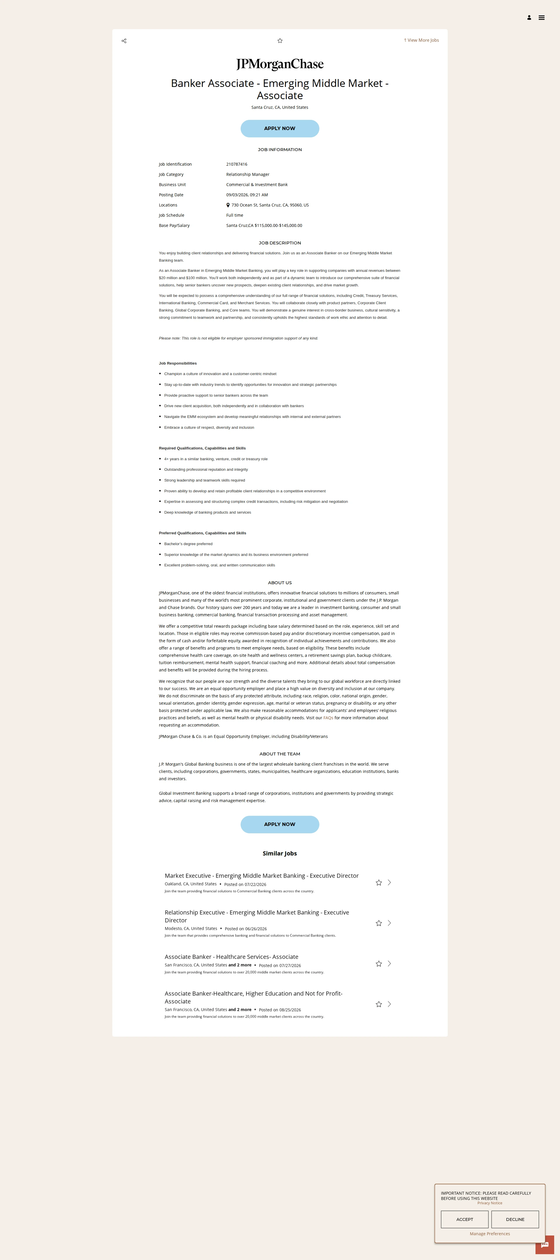 JPMorganChase Banker Associate - Emerging Middle Market - Associate 채용공고