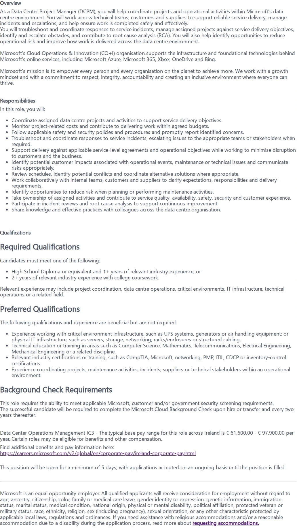 마이크로소프트(Microsoft) Data Center Project Manager 채용공고