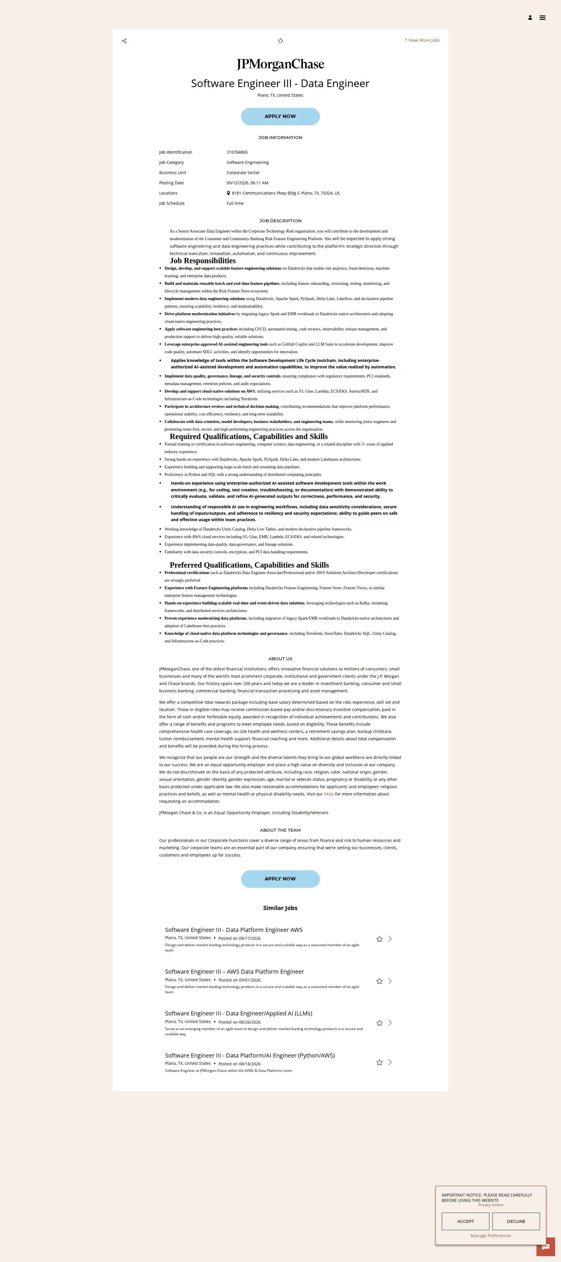 JPMorganChase Software Engineer III - Data Engineer 채용공고