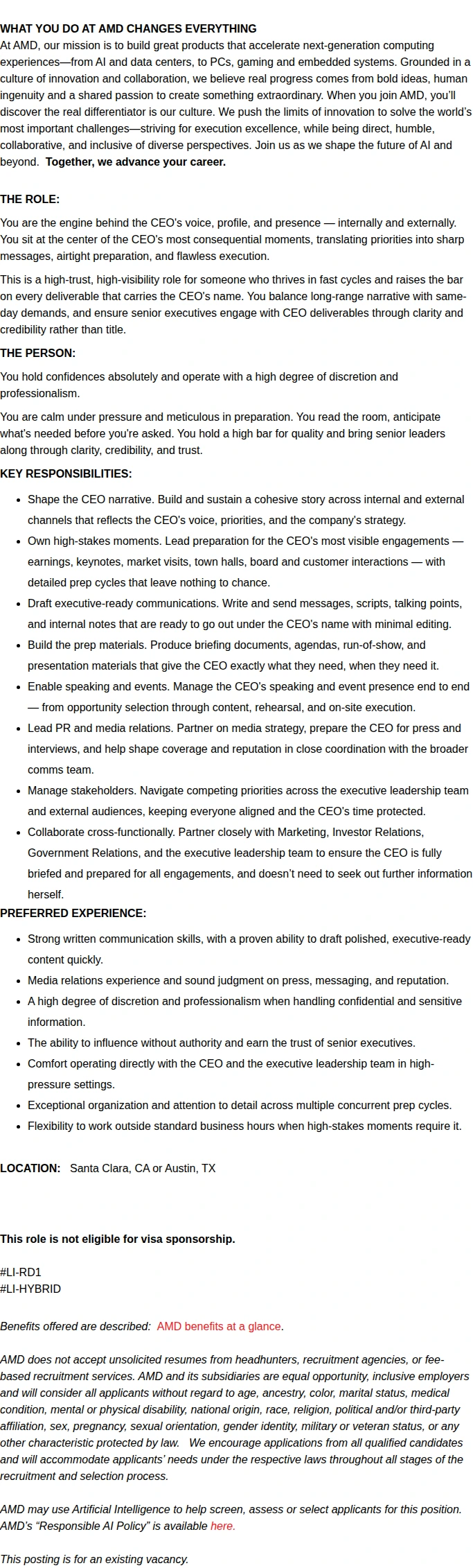 AMD Senior Manager, CEO Communications 채용공고