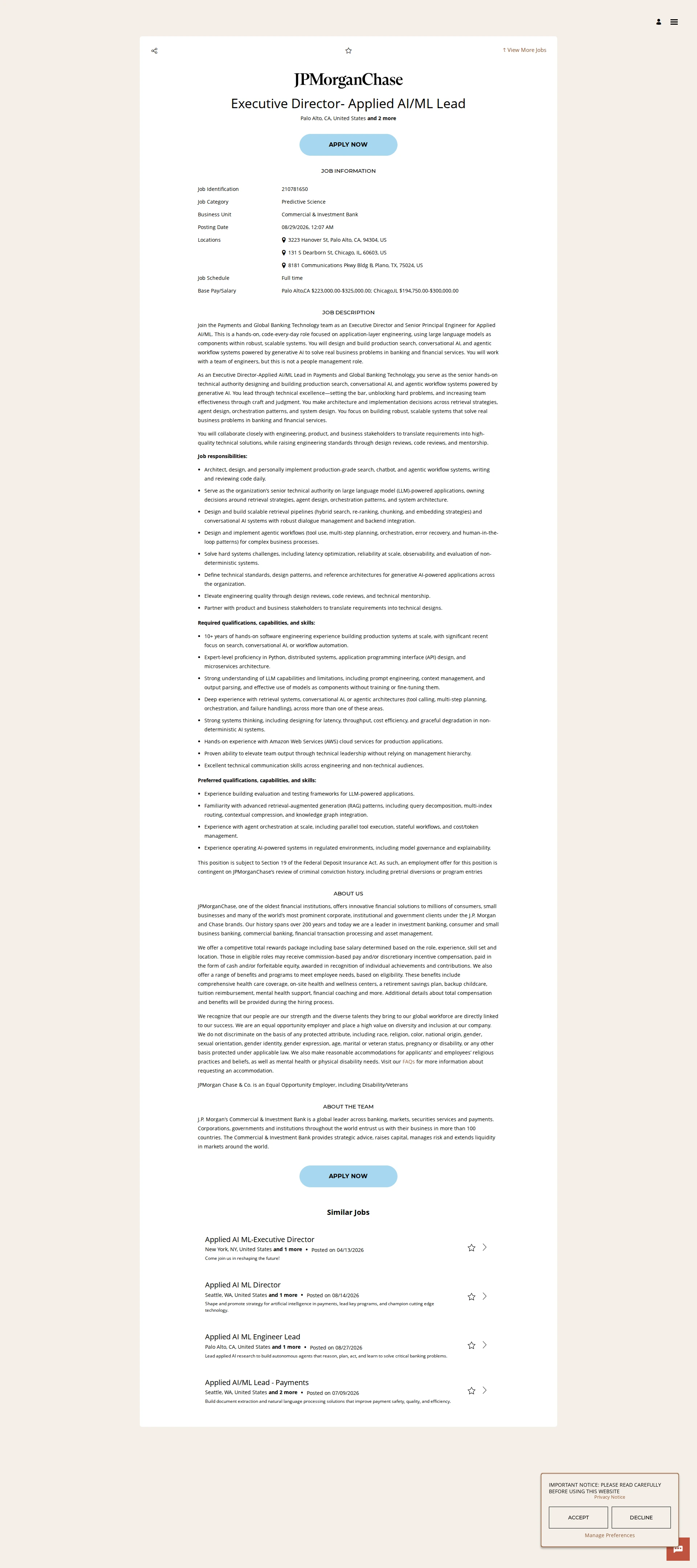 JPMorganChase Executive Director- Applied AI/ML Lead 채용공고
