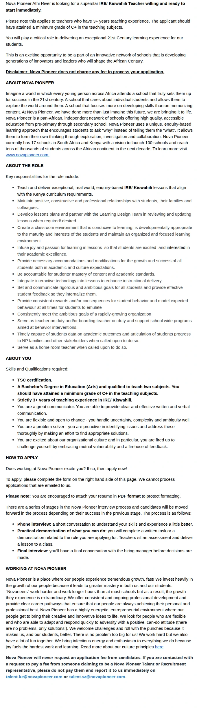 Nova Pioneer IRE/ Kiswahili Resident Teacher (Athi River School) 채용공고