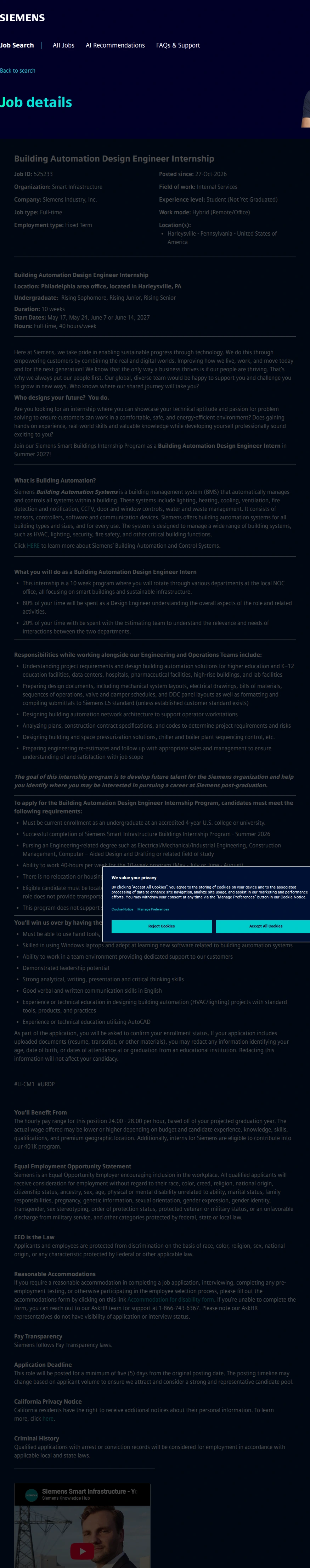 지멘스 Building Automation Design Engineer Internship 채용공고