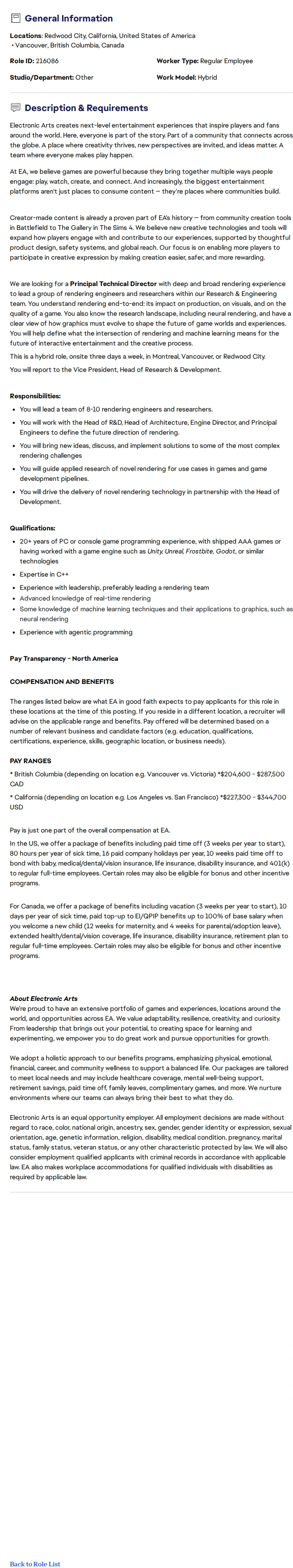 ElectronicArts Principal Technical Director - Neural Rendering 채용공고
