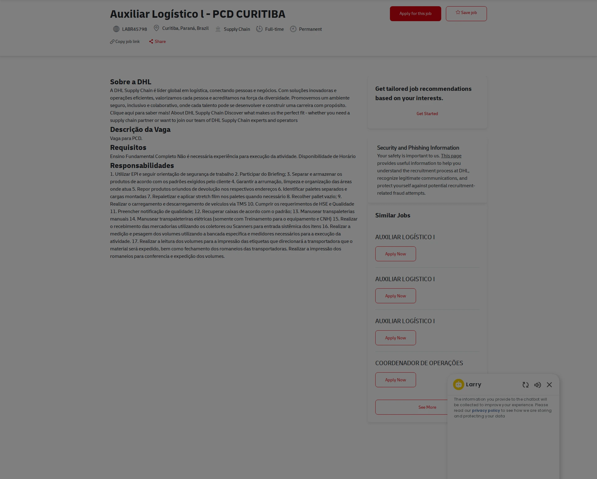 DHL Auxiliar Logístico l - PCD CURITIBA 채용공고