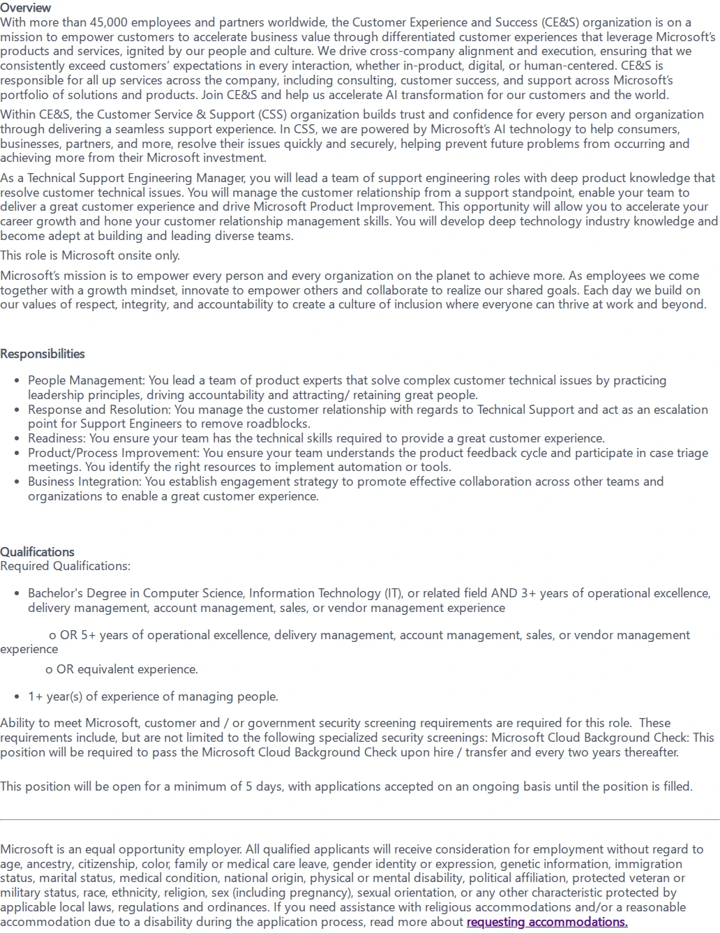 마이크로소프트(Microsoft) Technical Support Engineering Manager 채용공고