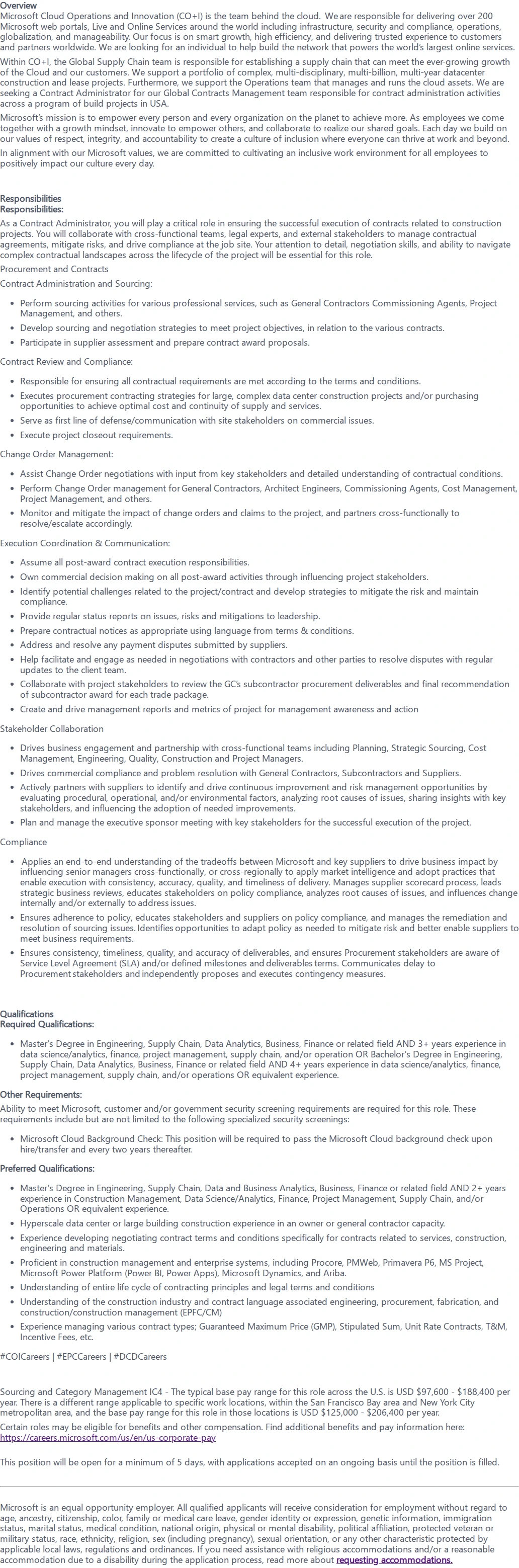 마이크로소프트(Microsoft) Contract Administrator 채용공고