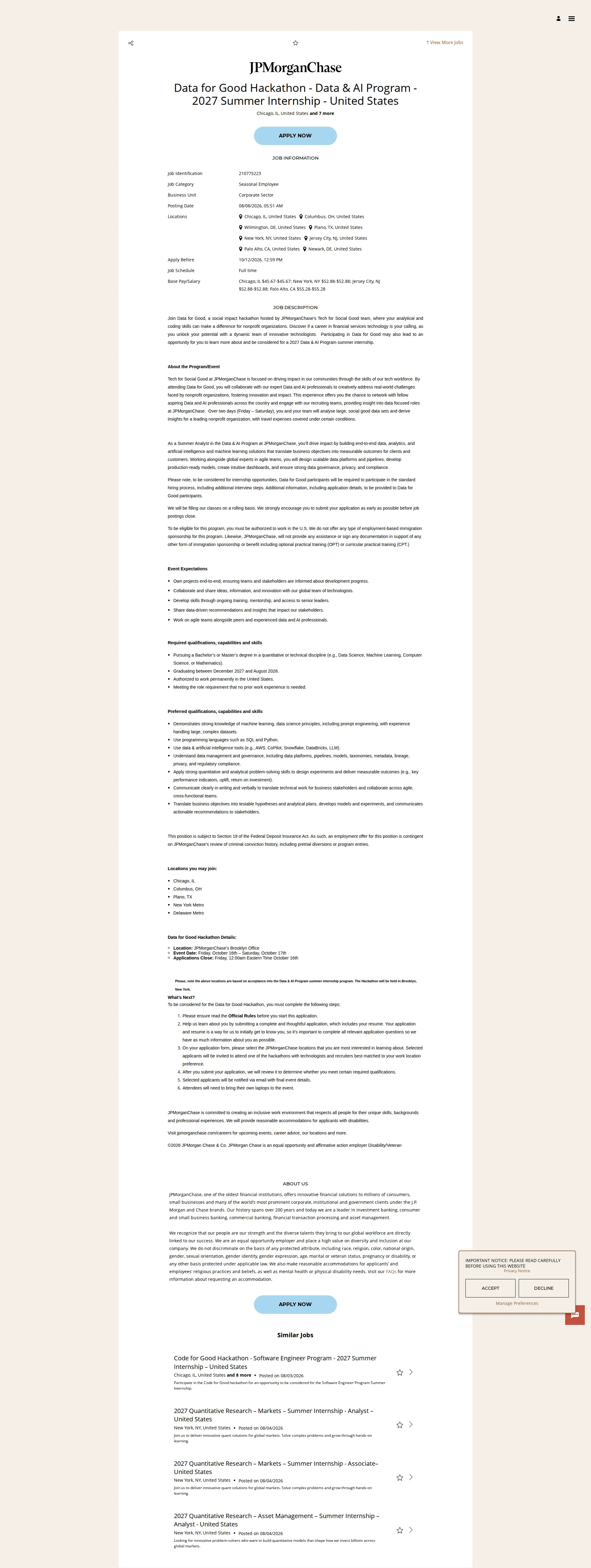 JPMorganChase Data for Good Hackathon - Data & AI Program - 2027 Summer Internship - United States 채용공고