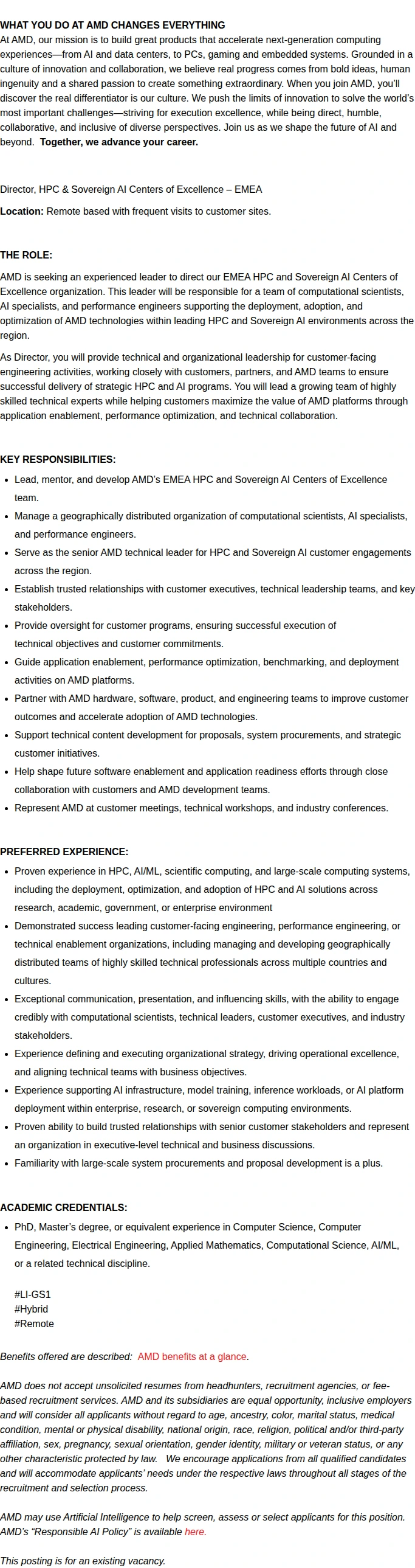 AMD Director, HPC & Sovereign AI Centers of Excellence 채용공고