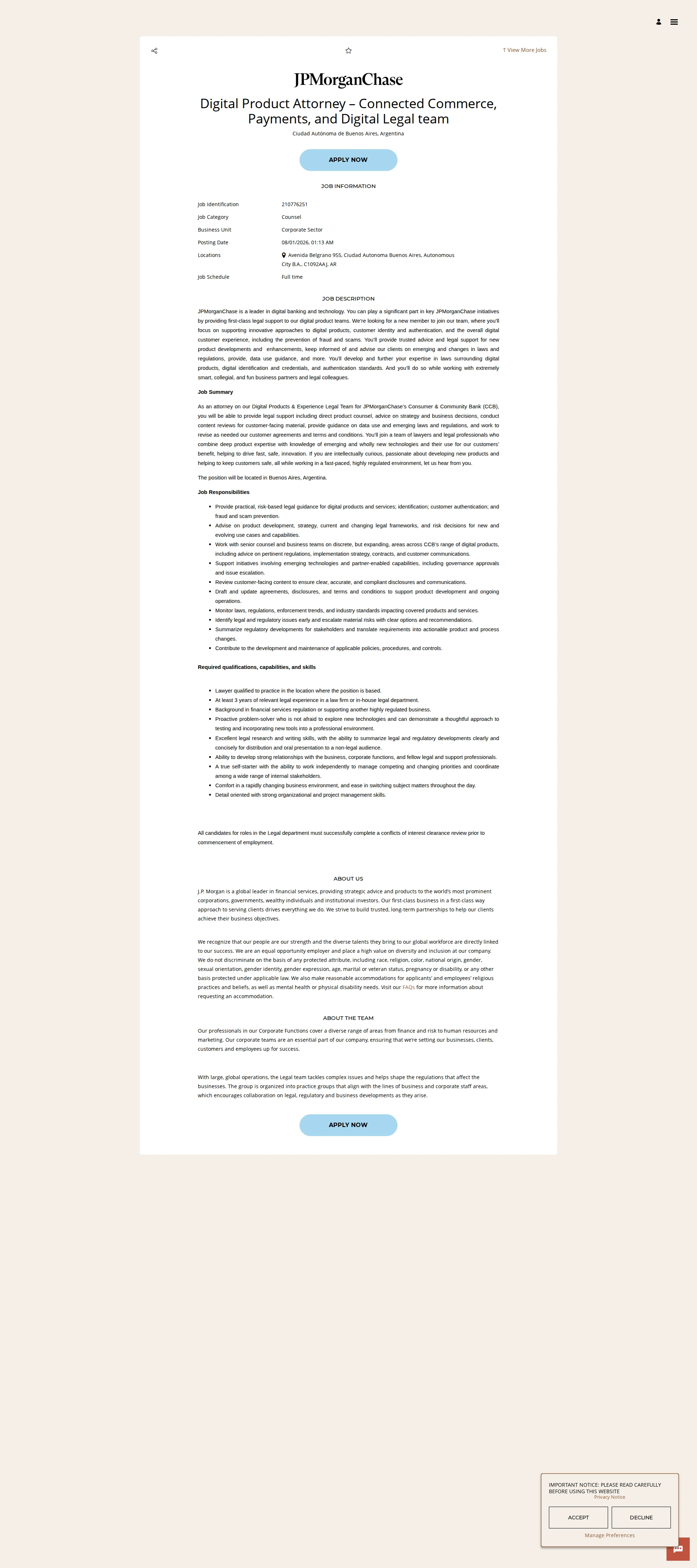 JPMorganChase Digital Product Attorney – Connected Commerce, Payments, and Digital Legal team 채용공고